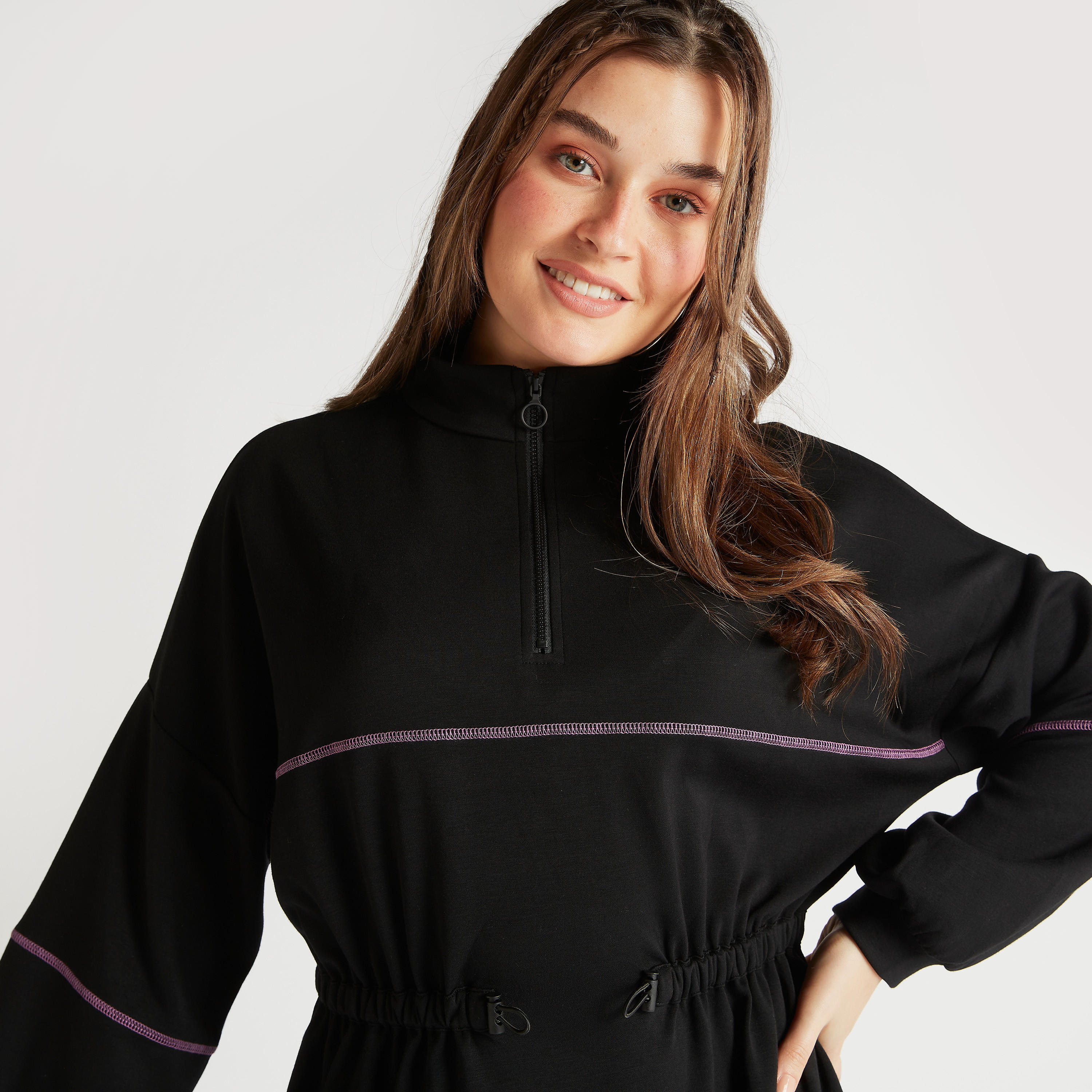 فستان منسدل قصير سادة بسحّاب إغلاق وتفاصيل رباط-women-clothing-dresses-image-3