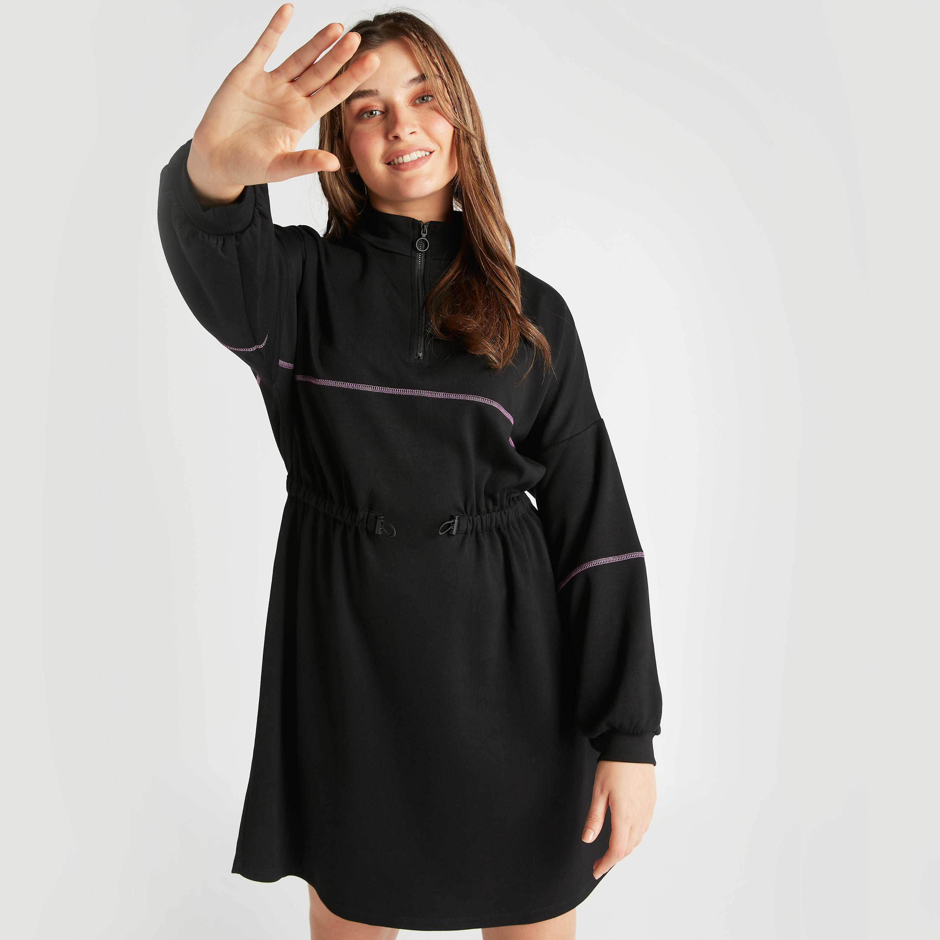 فستان منسدل قصير سادة بسحّاب إغلاق وتفاصيل رباط-women-clothing-dresses-image-2