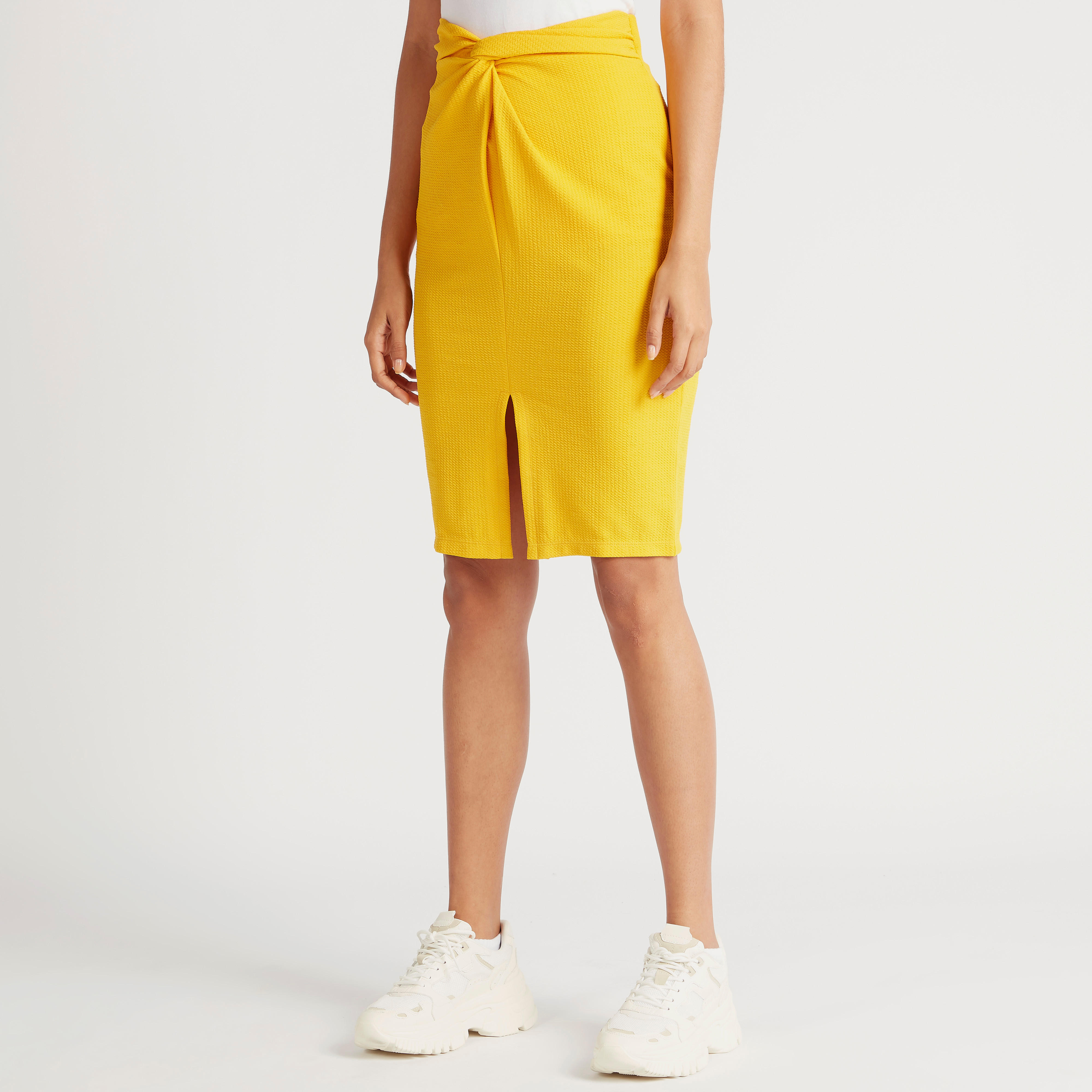 Textured Pencil Skirt with Twisted Knot Accent-women-clothing-bottoms-skirts-image-1