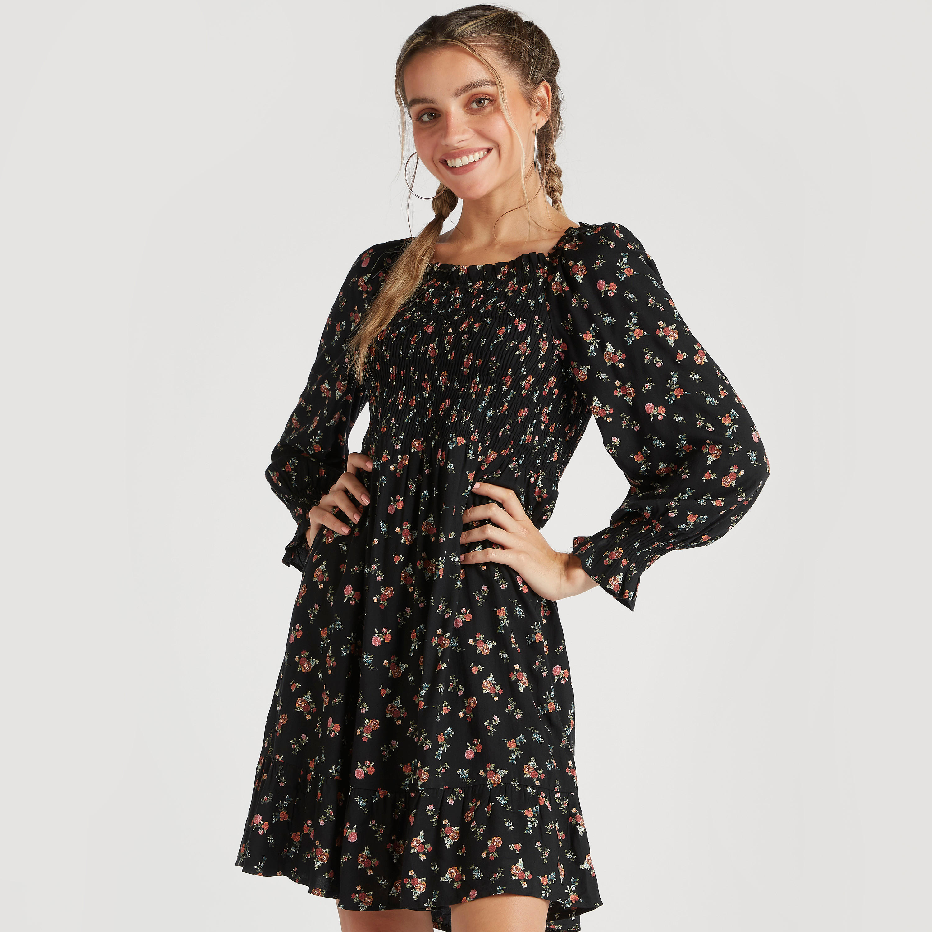 فستان مستدام إيه لاين بطبعات أزهار وأكمام طويلة-women-clothing-dresses-image-1