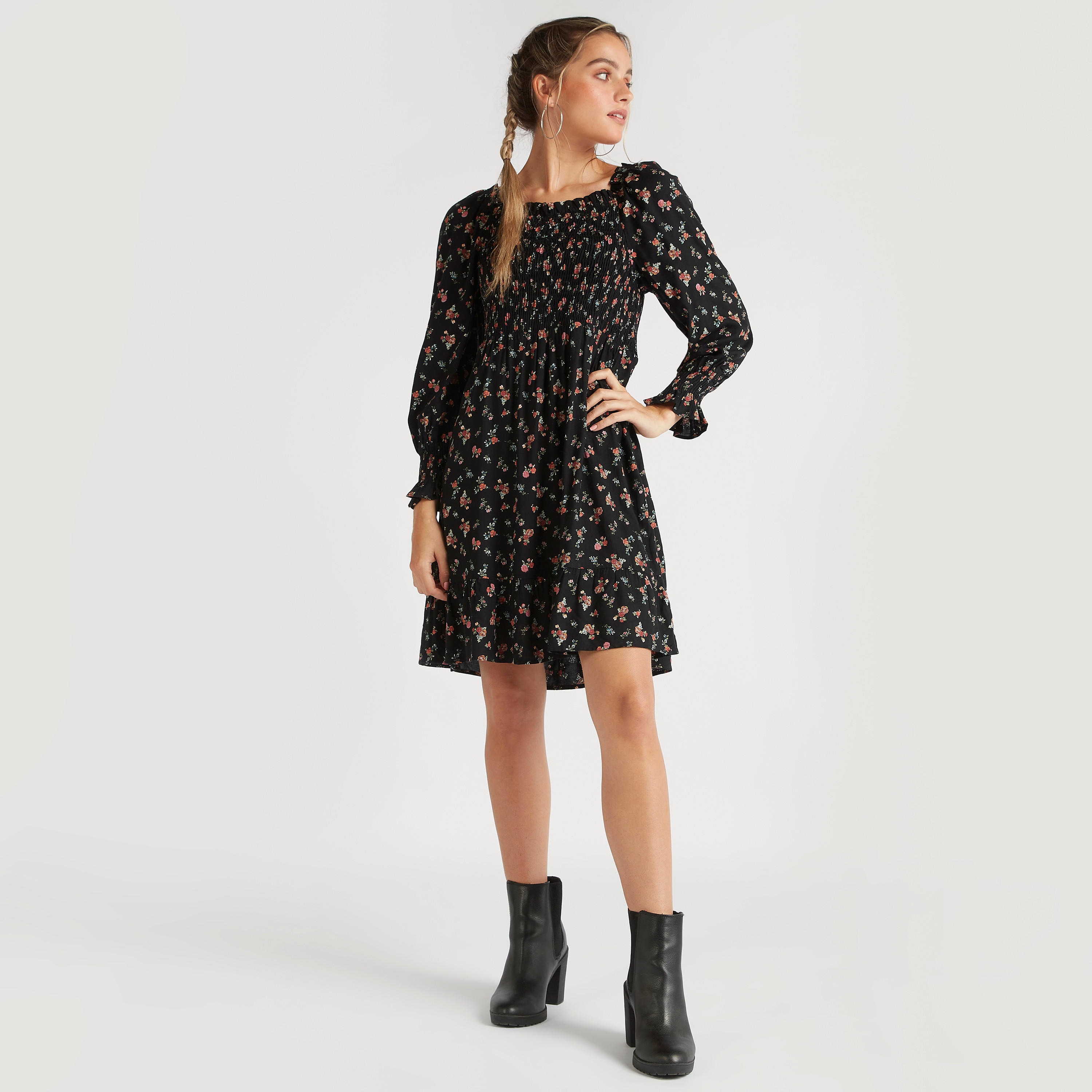 فستان مستدام إيه لاين بطبعات أزهار وأكمام طويلة-women-clothing-dresses-image-2