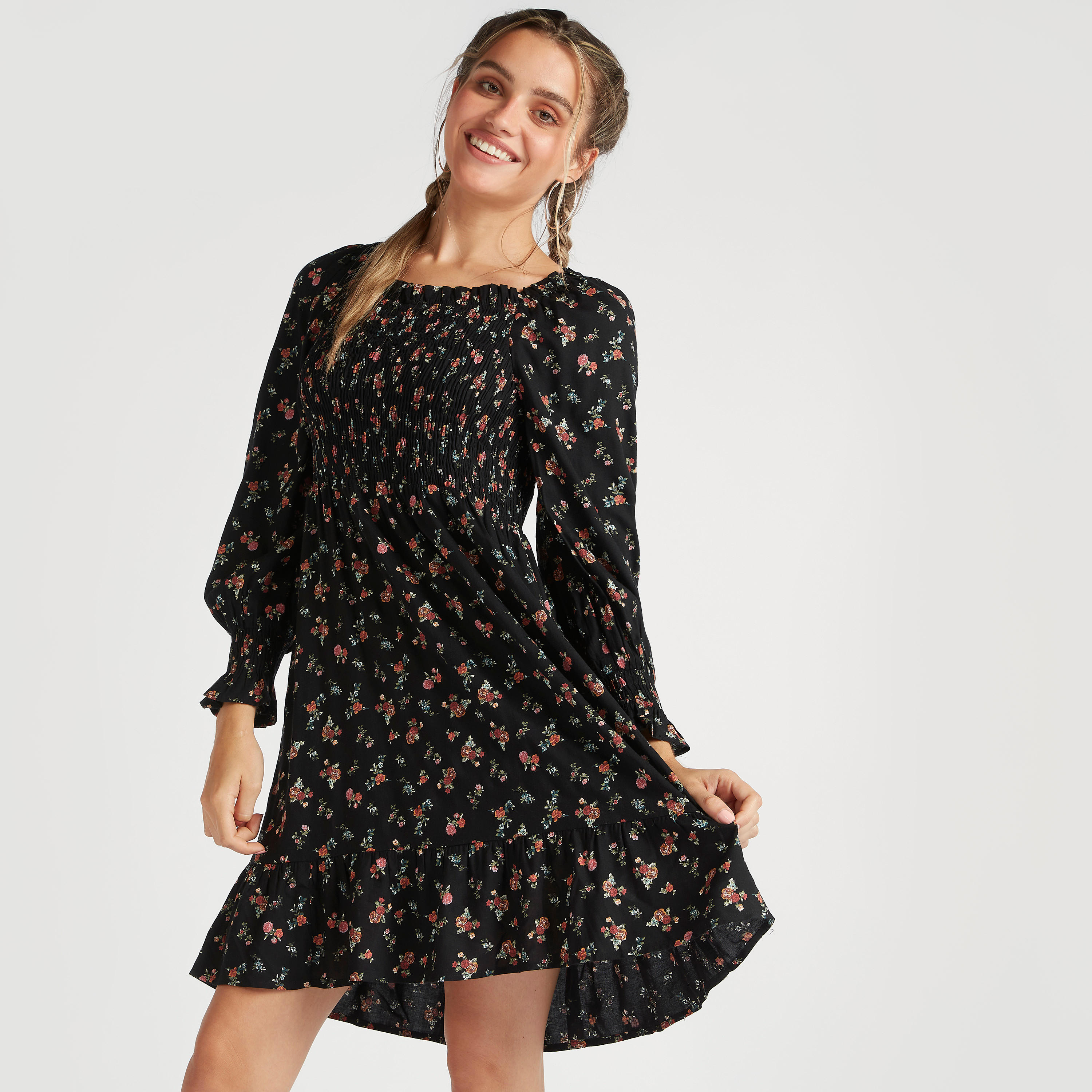 فستان مستدام إيه لاين بطبعات أزهار وأكمام طويلة-women-clothing-dresses-image-5