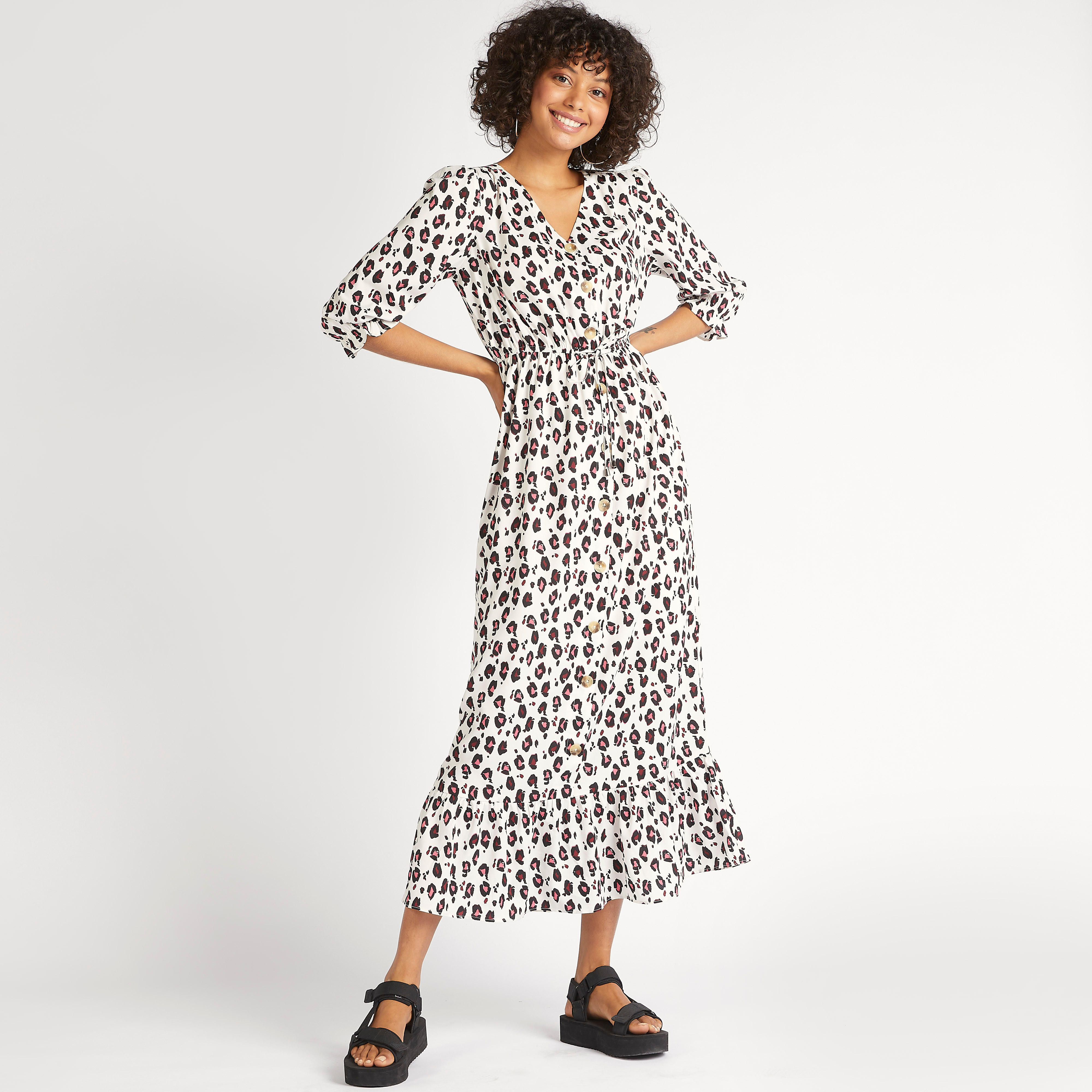 Animal Print V-neck Midi A-line Dress with 3/4 Sleeves and Tie Up-women-clothing-dresses-image-1