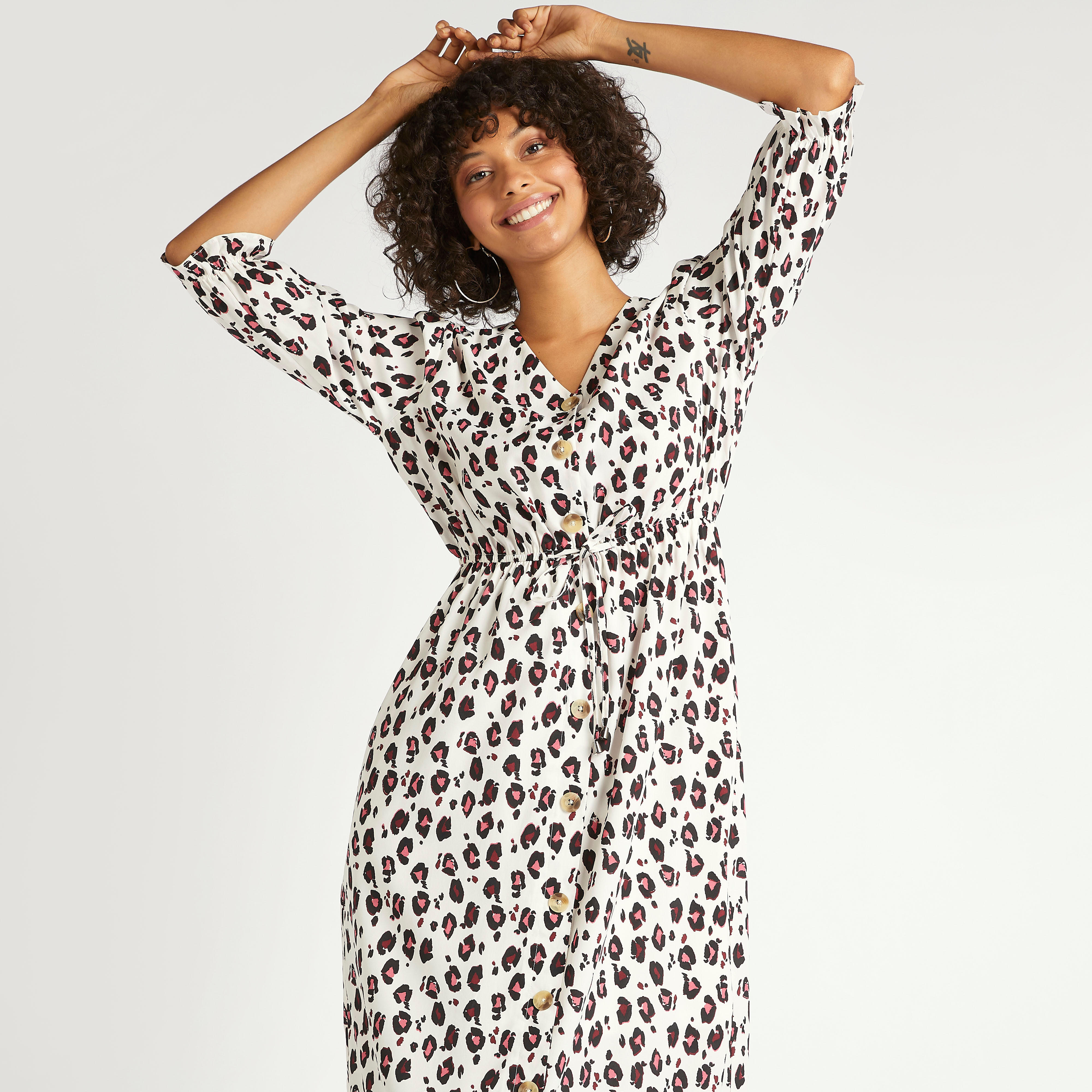 Animal Print V-neck Midi A-line Dress with 3/4 Sleeves and Tie Up-women-clothing-dresses-image-2