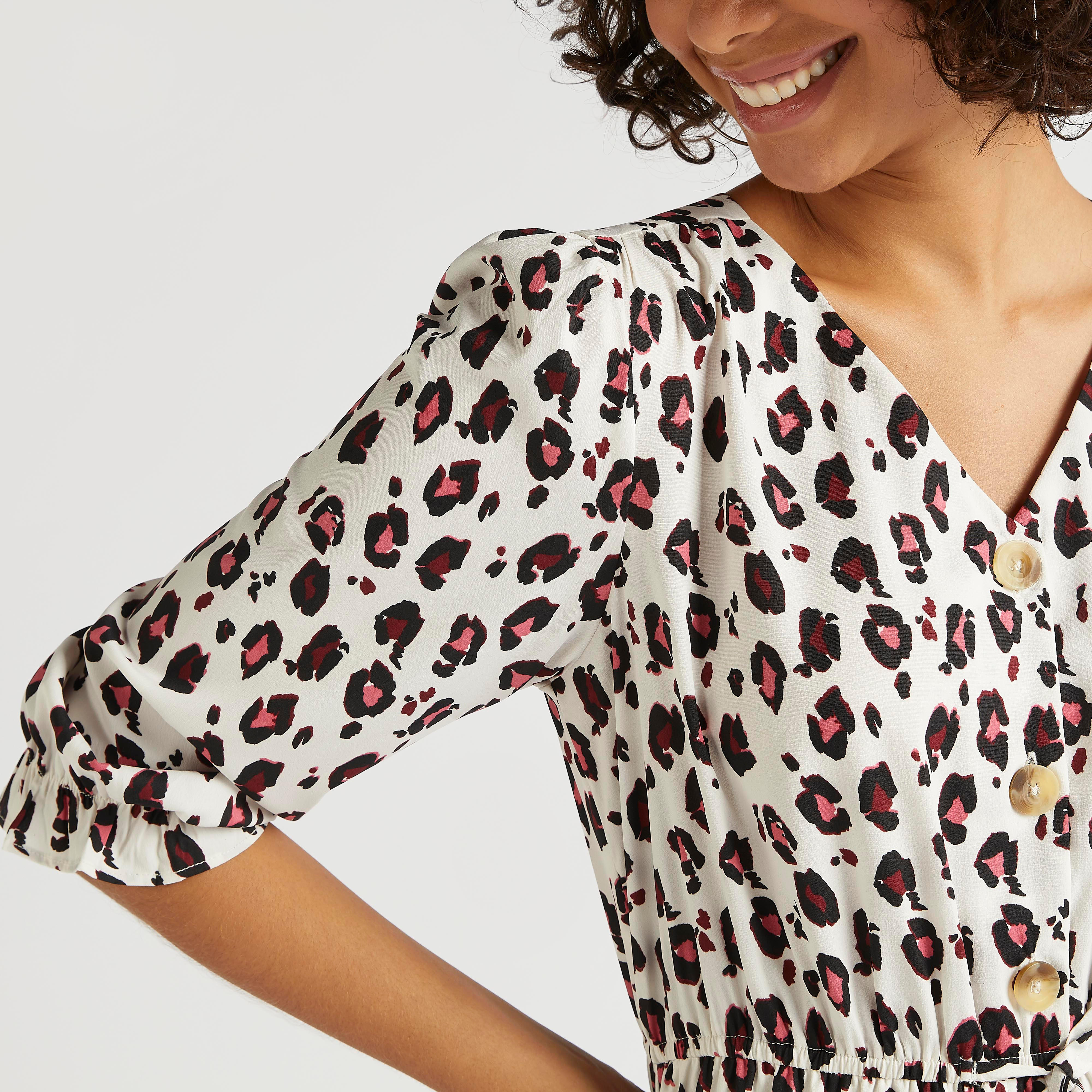 Animal Print V-neck Midi A-line Dress with 3/4 Sleeves and Tie Up-women-clothing-dresses-image-3