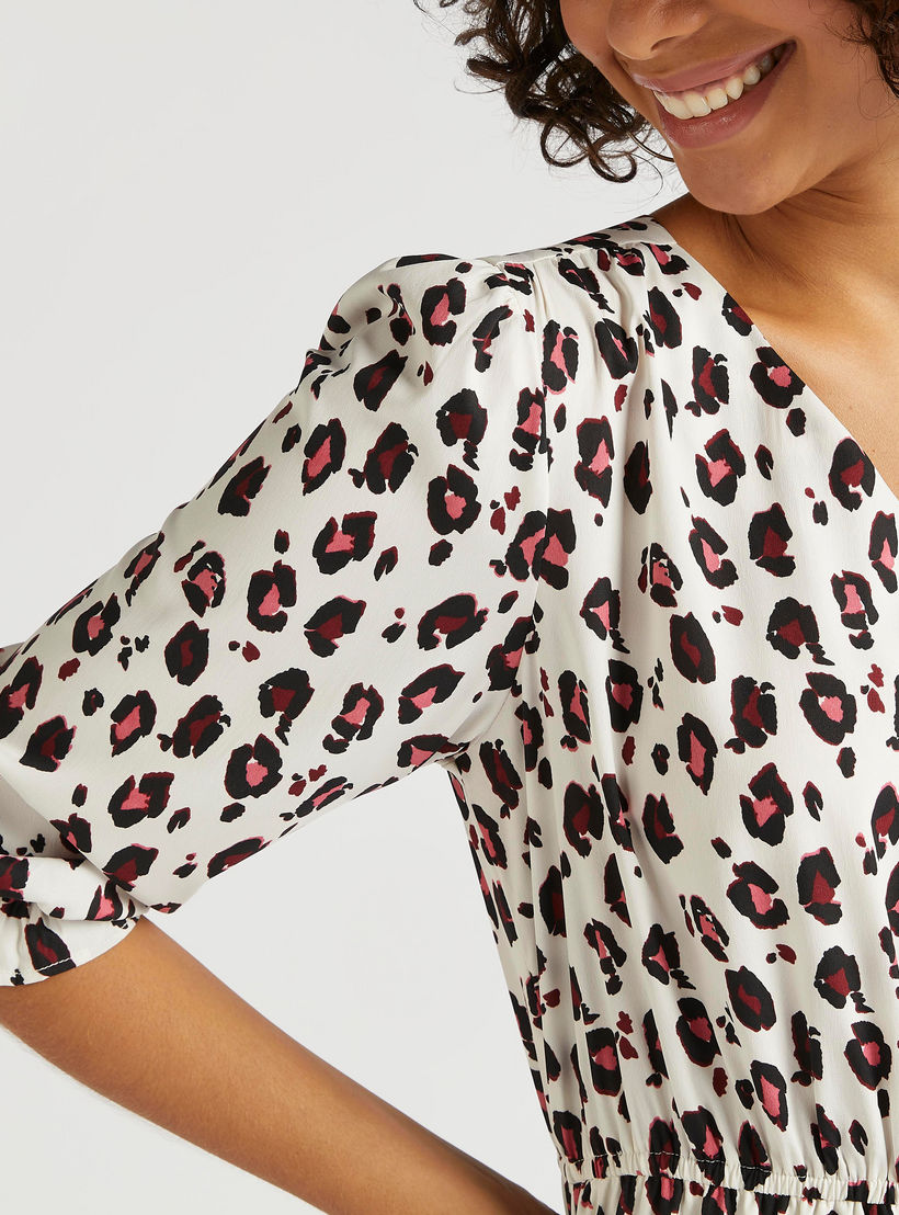 Animal Print V-neck Midi A-line Dress with 3/4 Sleeves and Tie Up-women-clothing-dresses-image-3