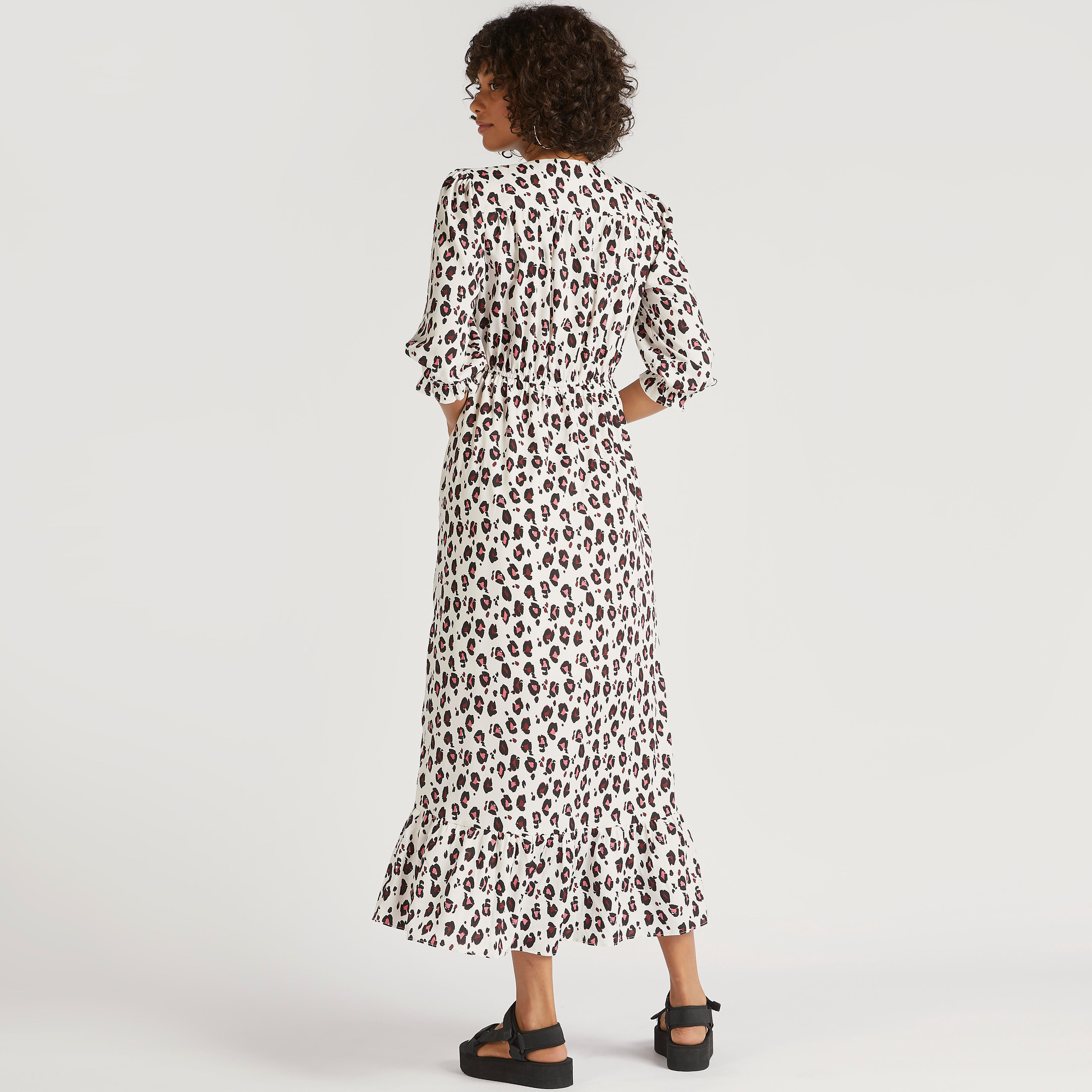 Animal Print V-neck Midi A-line Dress with 3/4 Sleeves and Tie Up-women-clothing-dresses-image-4