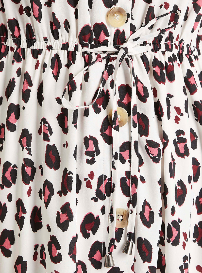 Animal Print V-neck Midi A-line Dress with 3/4 Sleeves and Tie Up-women-clothing-dresses-image-5
