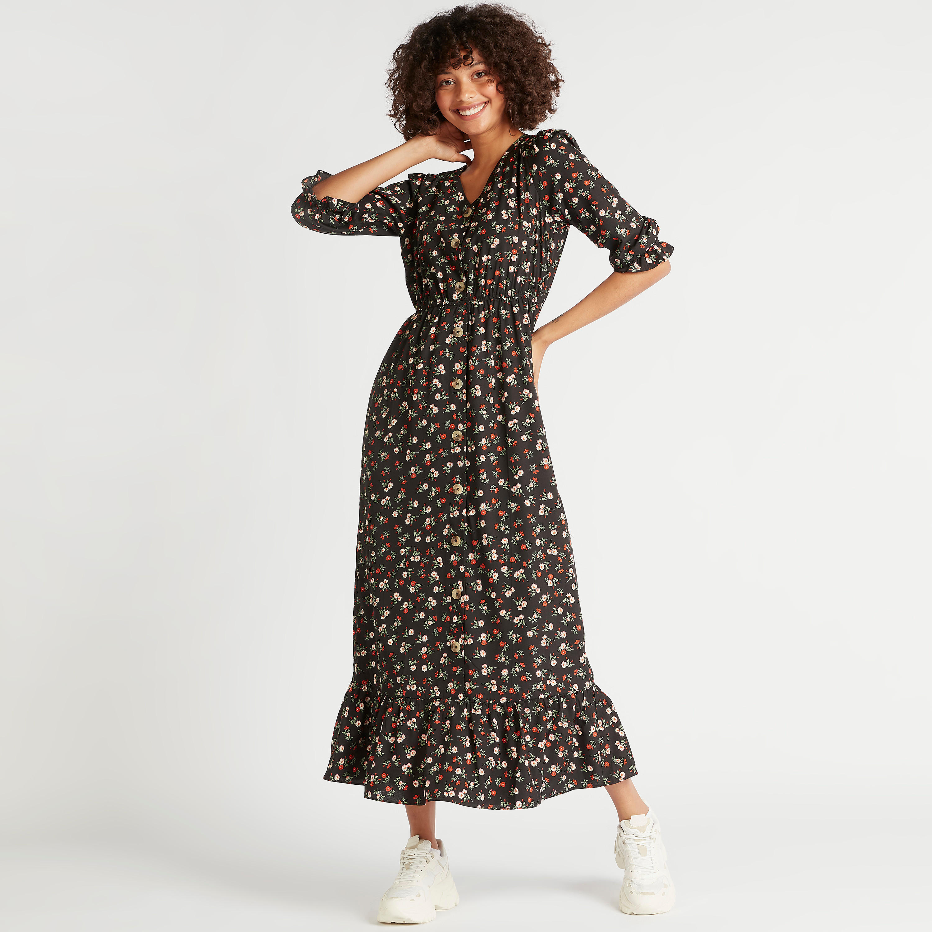 فستان ميدي إيه لاين بأكمام منفوحة وأطراف واسعة وطبعات حيوانات-women-clothing-dresses-image-1