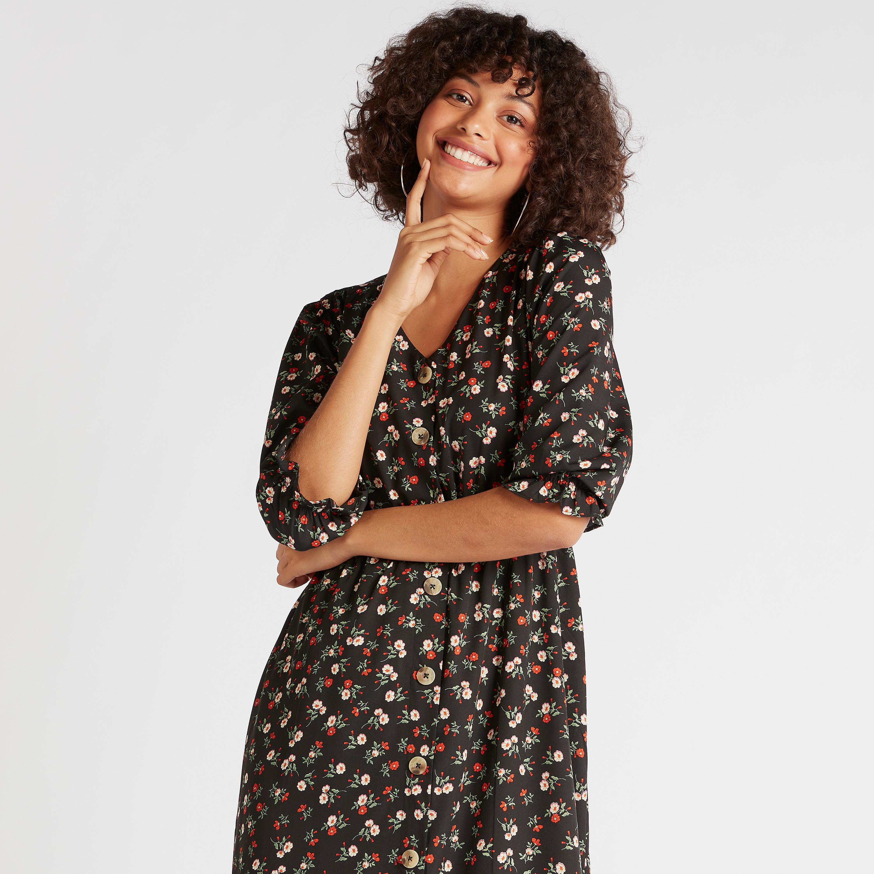 فستان ميدي إيه لاين بأكمام منفوحة وأطراف واسعة وطبعات حيوانات-women-clothing-dresses-image-2