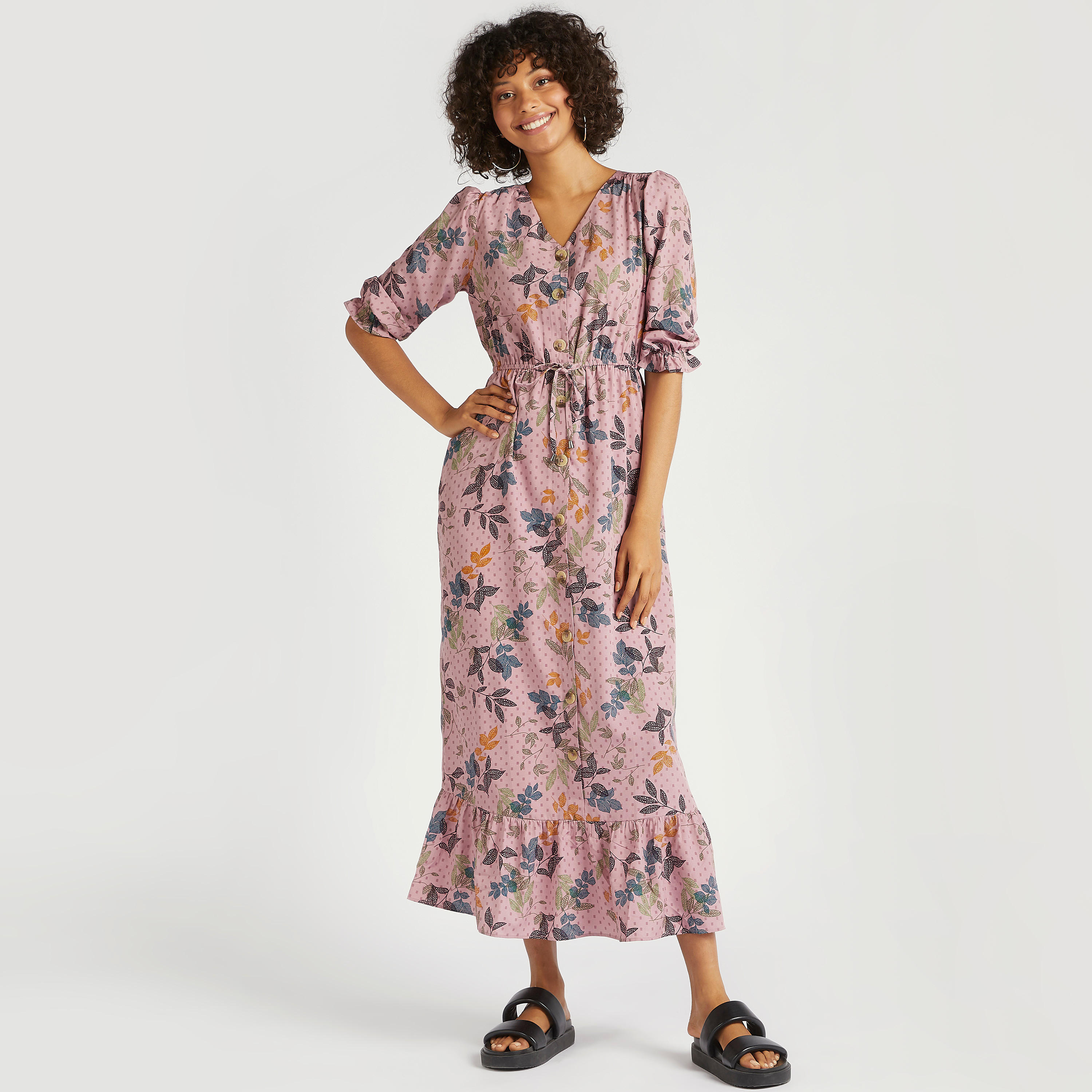 فستان ميدي إيه لاين بياقة v وطبعات أزهار وأكمام 3/4-women-clothing-dresses-image-1