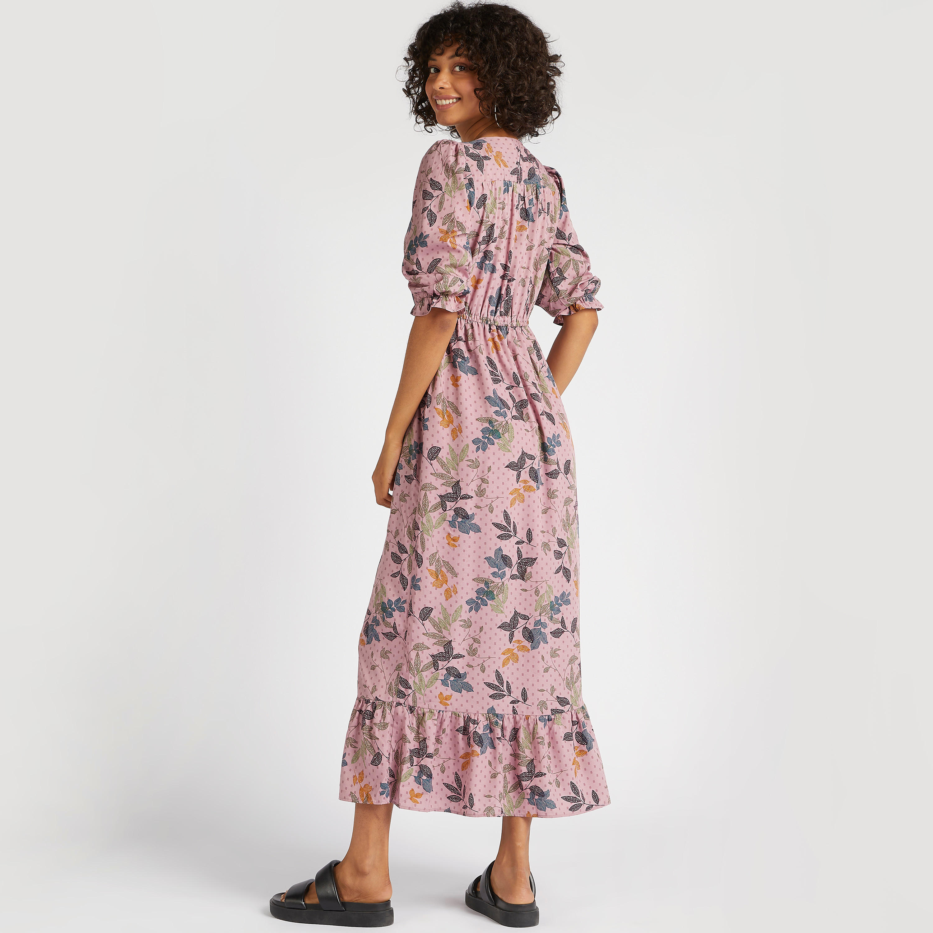 فستان ميدي إيه لاين بياقة v وطبعات أزهار وأكمام 3/4-women-clothing-dresses-image-4