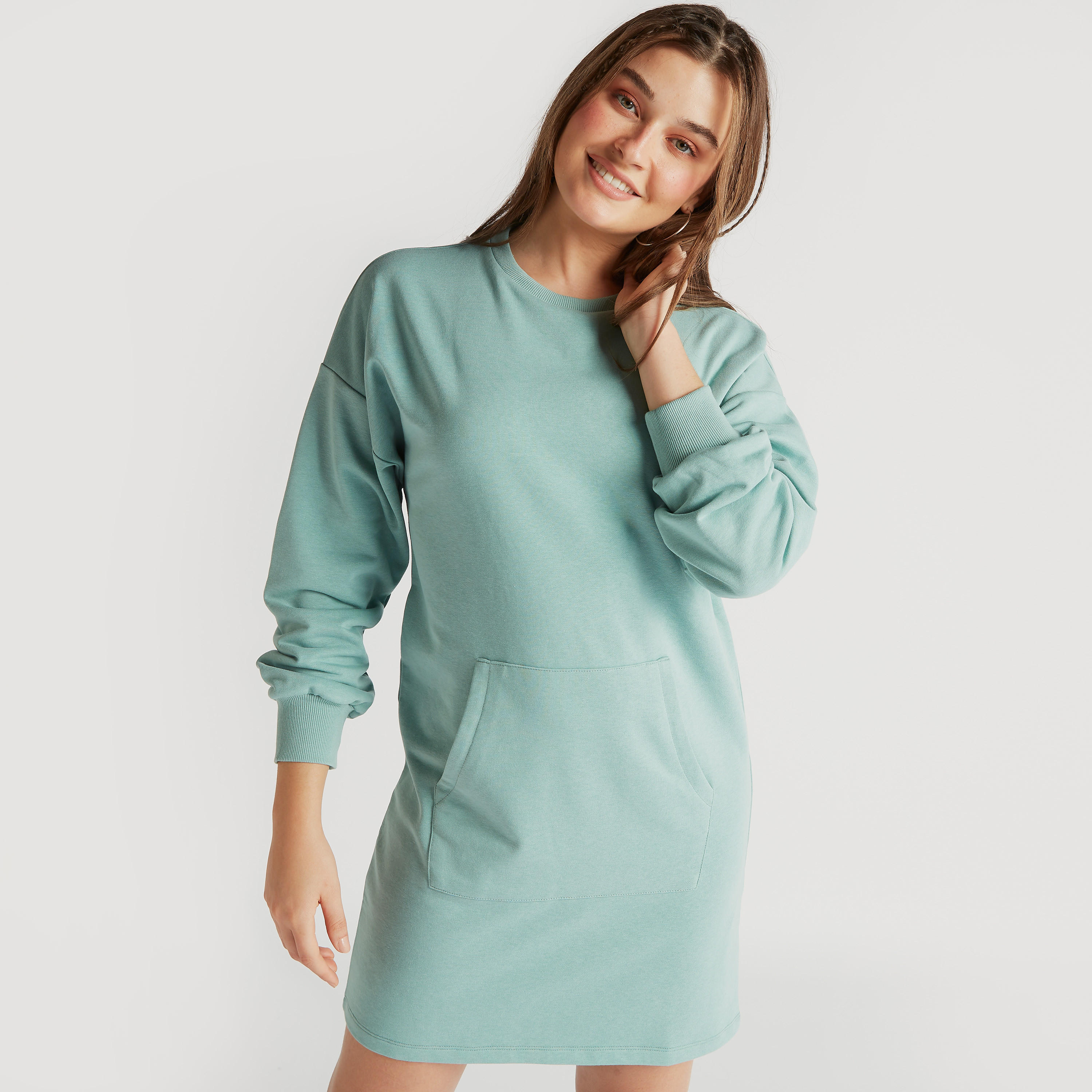 Solid Sweat Dress with Pocket and Long Sleeves-women-clothing-dresses-image-1