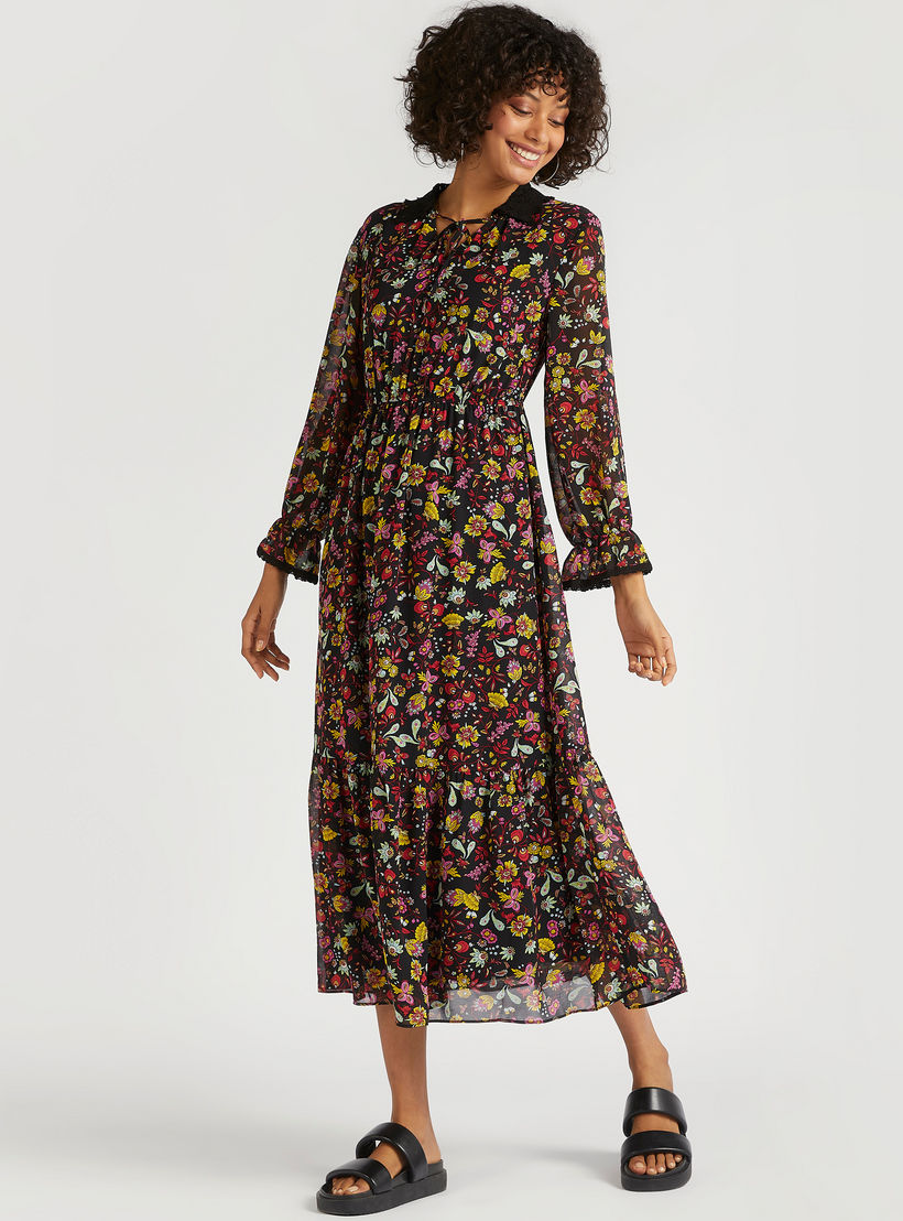 فستان متعدّد الطبقات ميدي إيه لاين بطبعات أزهار وأكمام طويلة وخصر مطّاطي-women-clothing-dresses-image-1