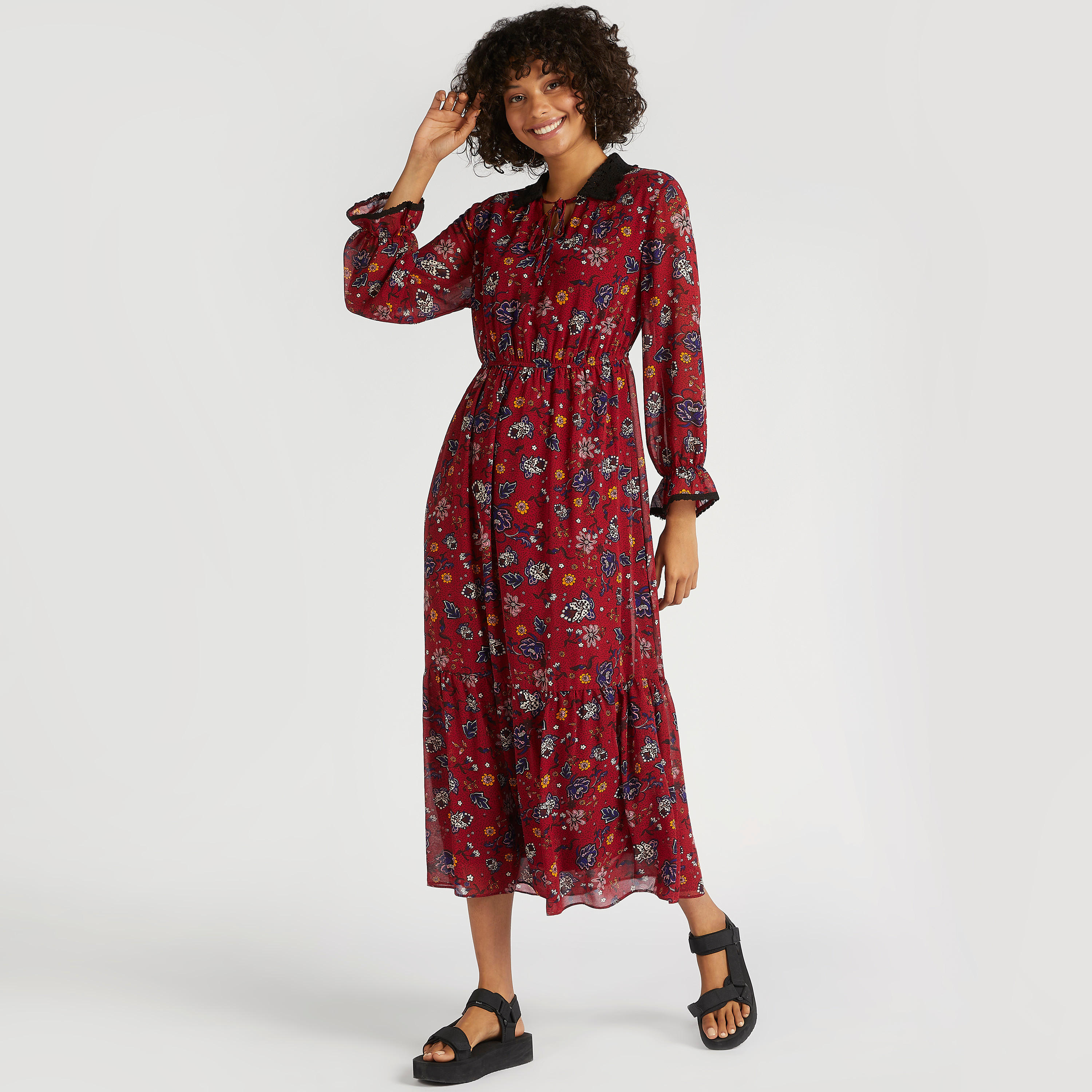 فستان متعدّد الطبقات ميدي إيه لاين بطبعات أزهار وأكمام طويلة وخصر مطّاطي-women-clothing-dresses-image-1