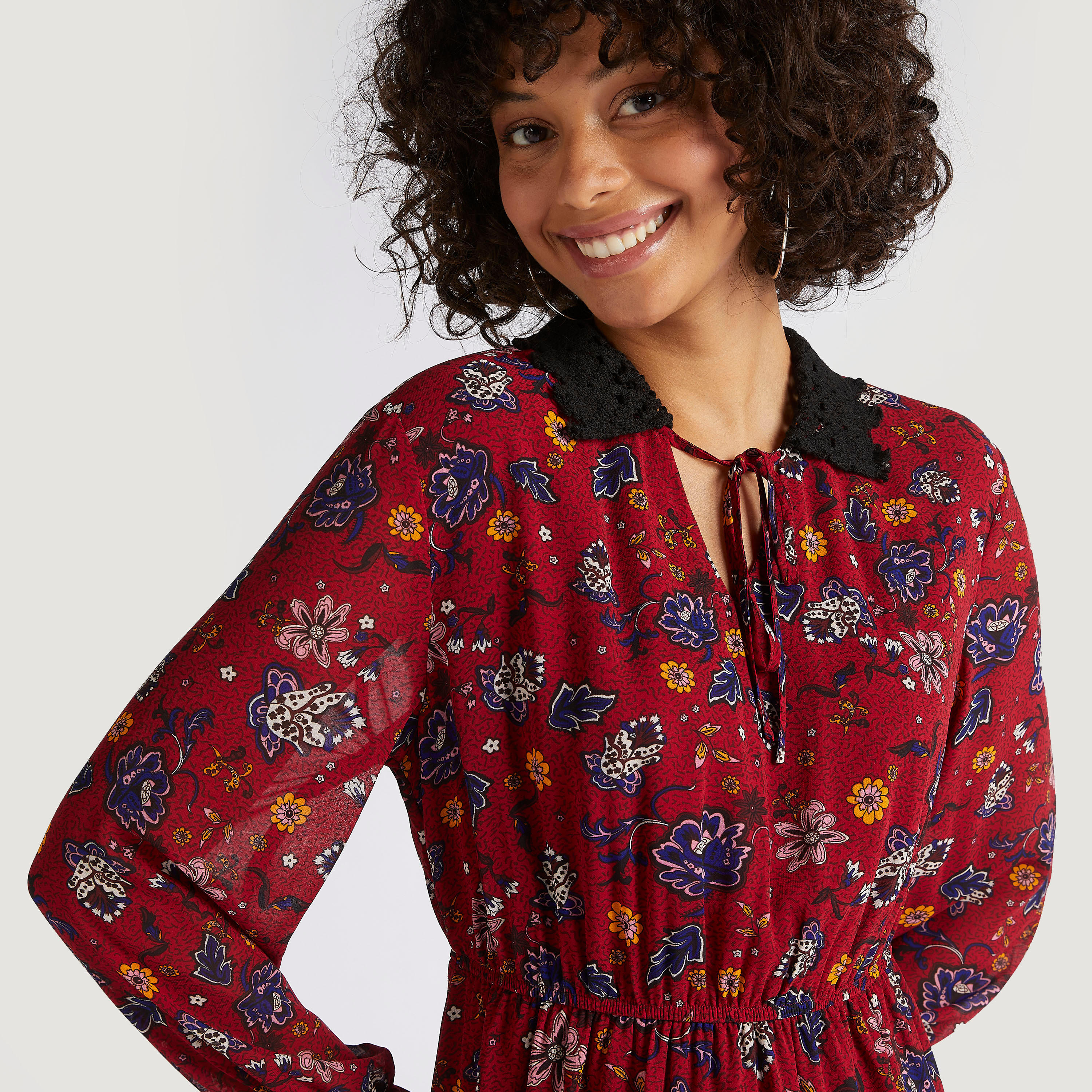فستان متعدّد الطبقات ميدي إيه لاين بطبعات أزهار وأكمام طويلة وخصر مطّاطي-women-clothing-dresses-image-3