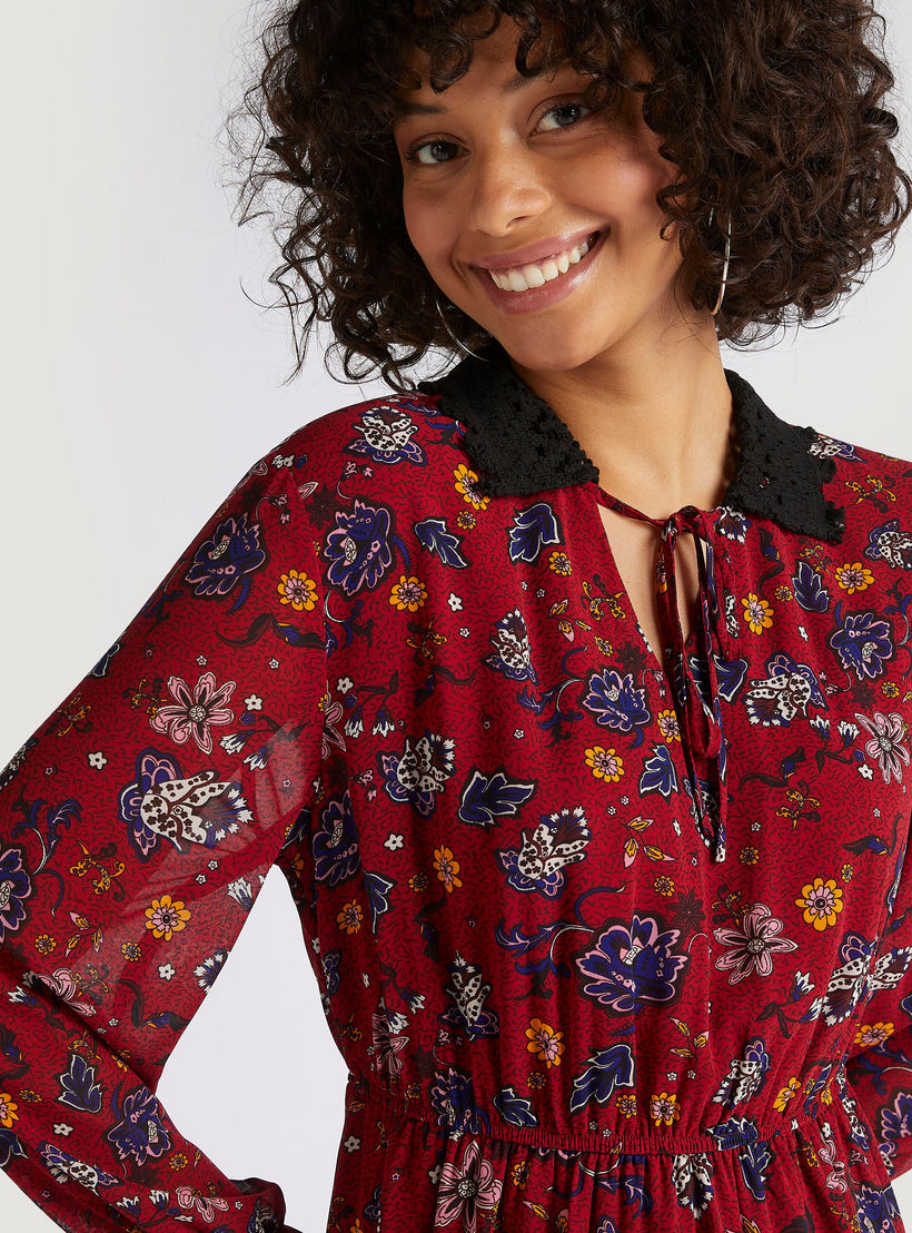 فستان متعدّد الطبقات ميدي إيه لاين بطبعات أزهار وأكمام طويلة وخصر مطّاطي-women-clothing-dresses-image-3