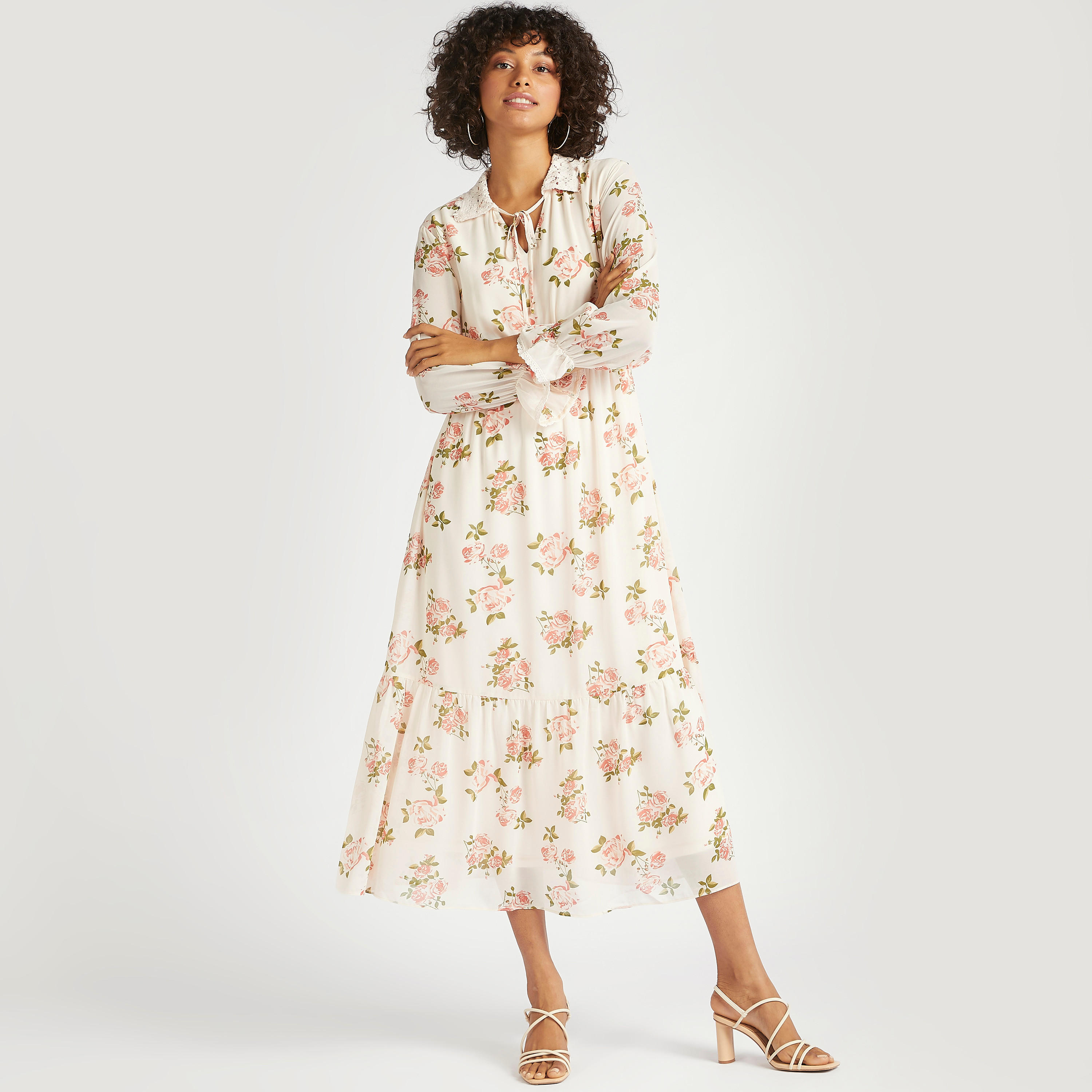 فستان ميدي إيه لاين بأكمام طويلة ورباط عنق وطبعات أزهار-women-clothing-dresses-image-1
