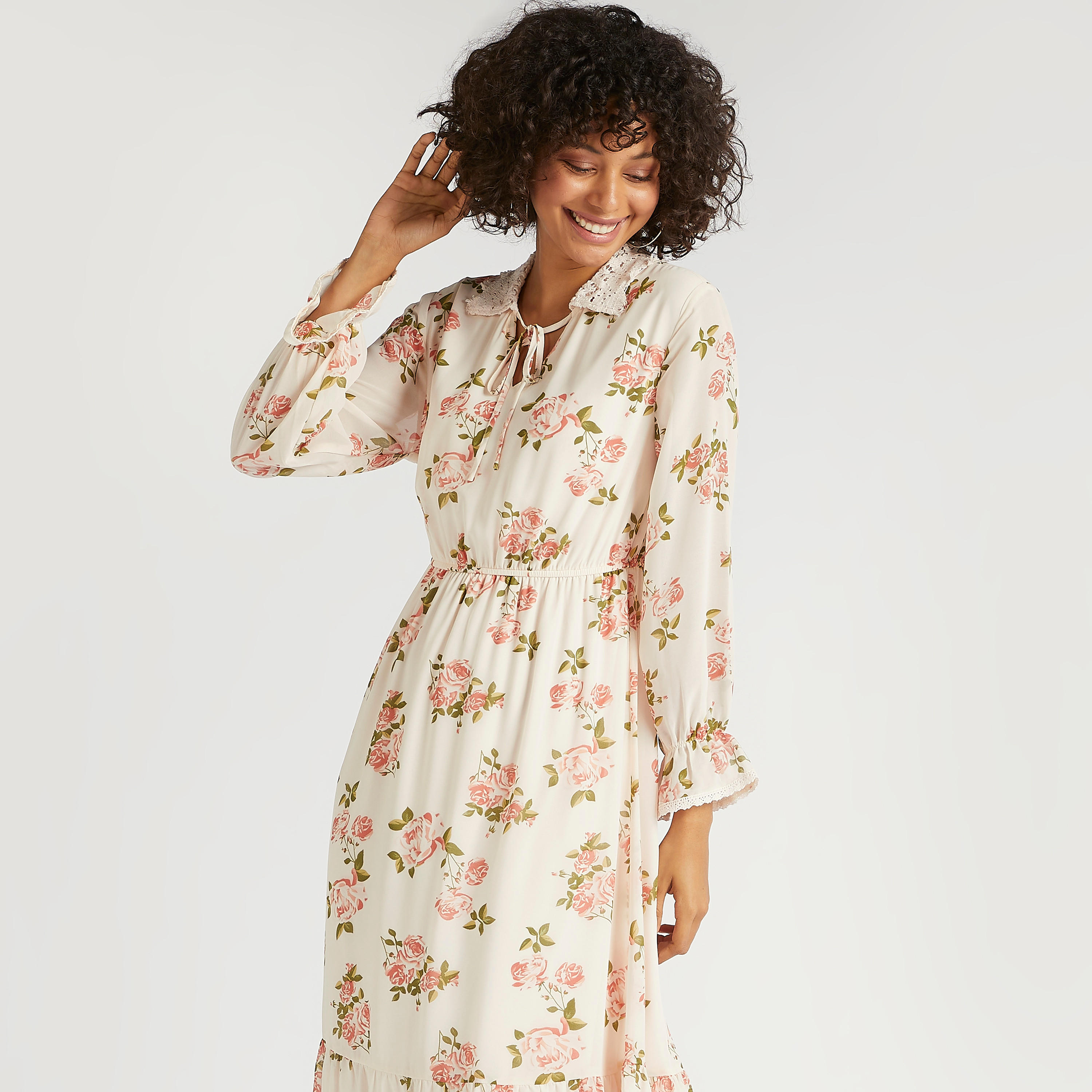 فستان ميدي إيه لاين بأكمام طويلة ورباط عنق وطبعات أزهار-women-clothing-dresses-image-2