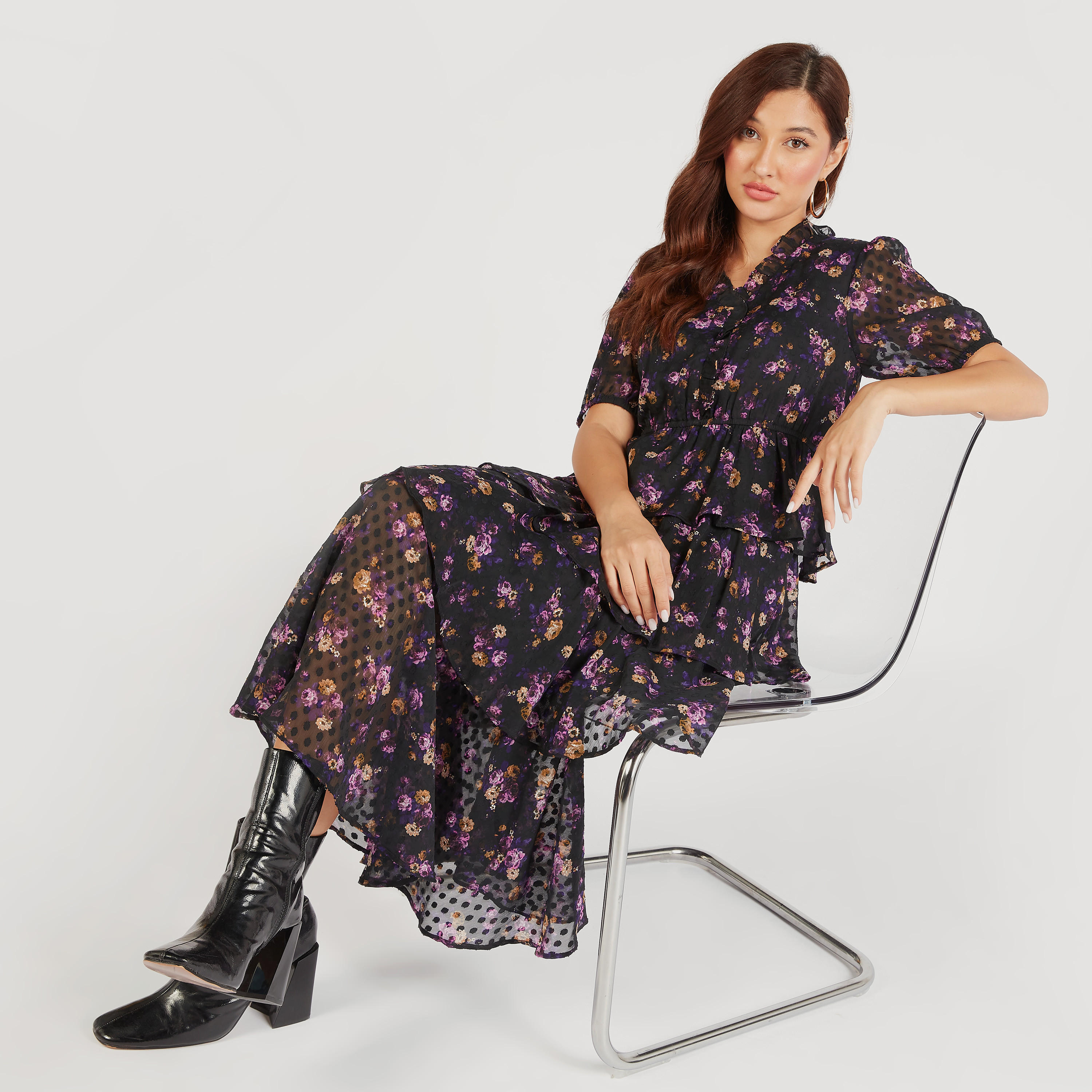 فستان إيه لاين ميدي متعدد الطبقات بطبعات أزهار ومنفوش-women-clothing-dresses-image-1