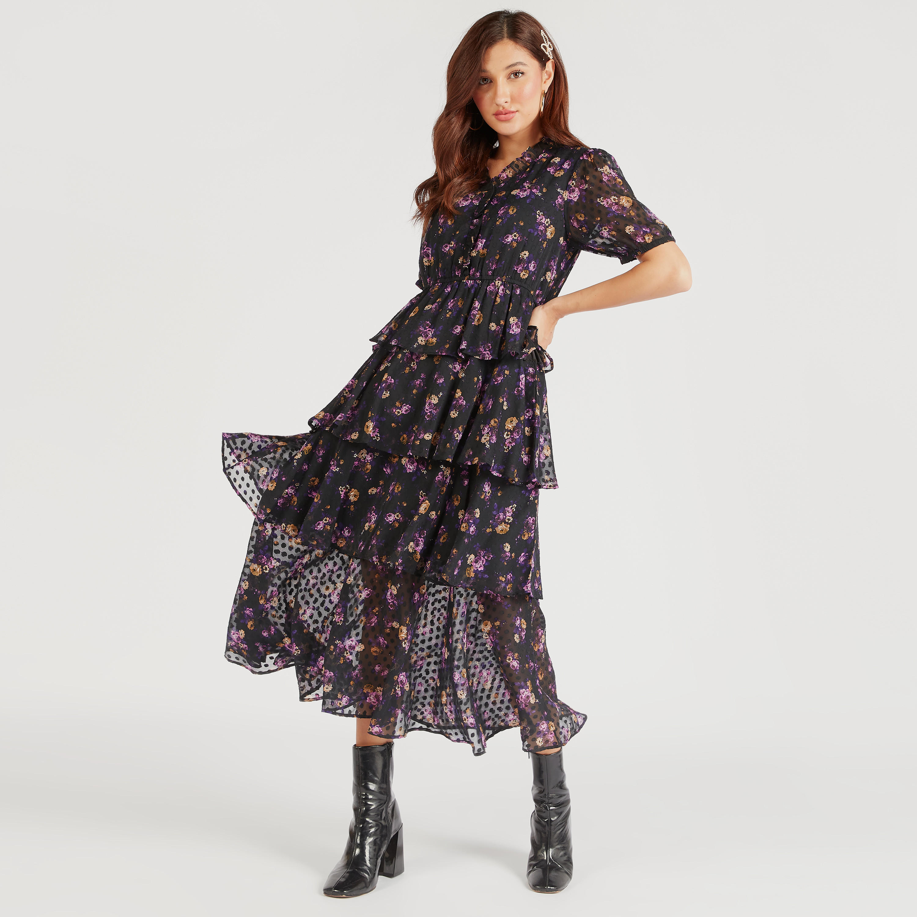 فستان إيه لاين ميدي متعدد الطبقات بطبعات أزهار ومنفوش-women-clothing-dresses-image-2