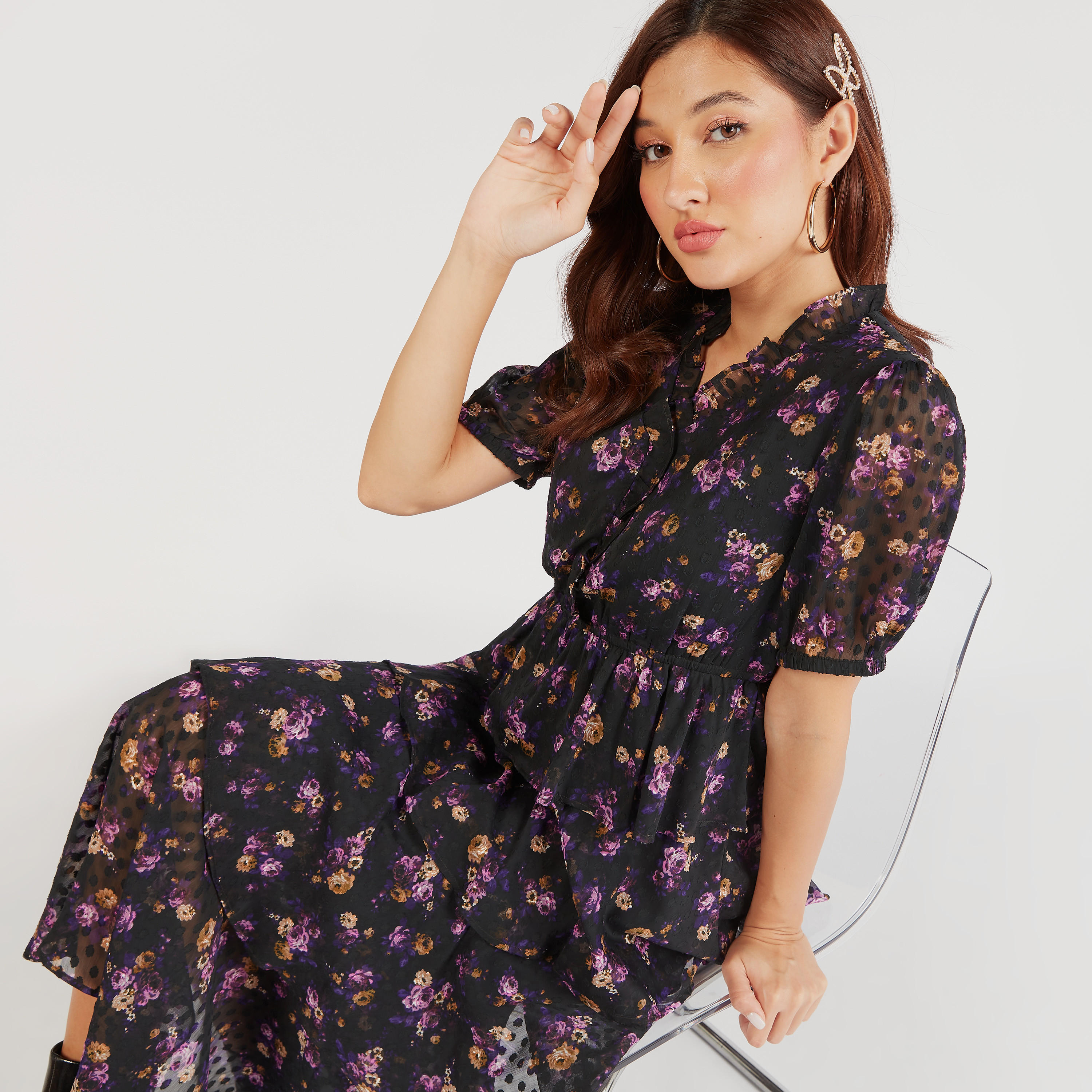 فستان إيه لاين ميدي متعدد الطبقات بطبعات أزهار ومنفوش-women-clothing-dresses-image-5
