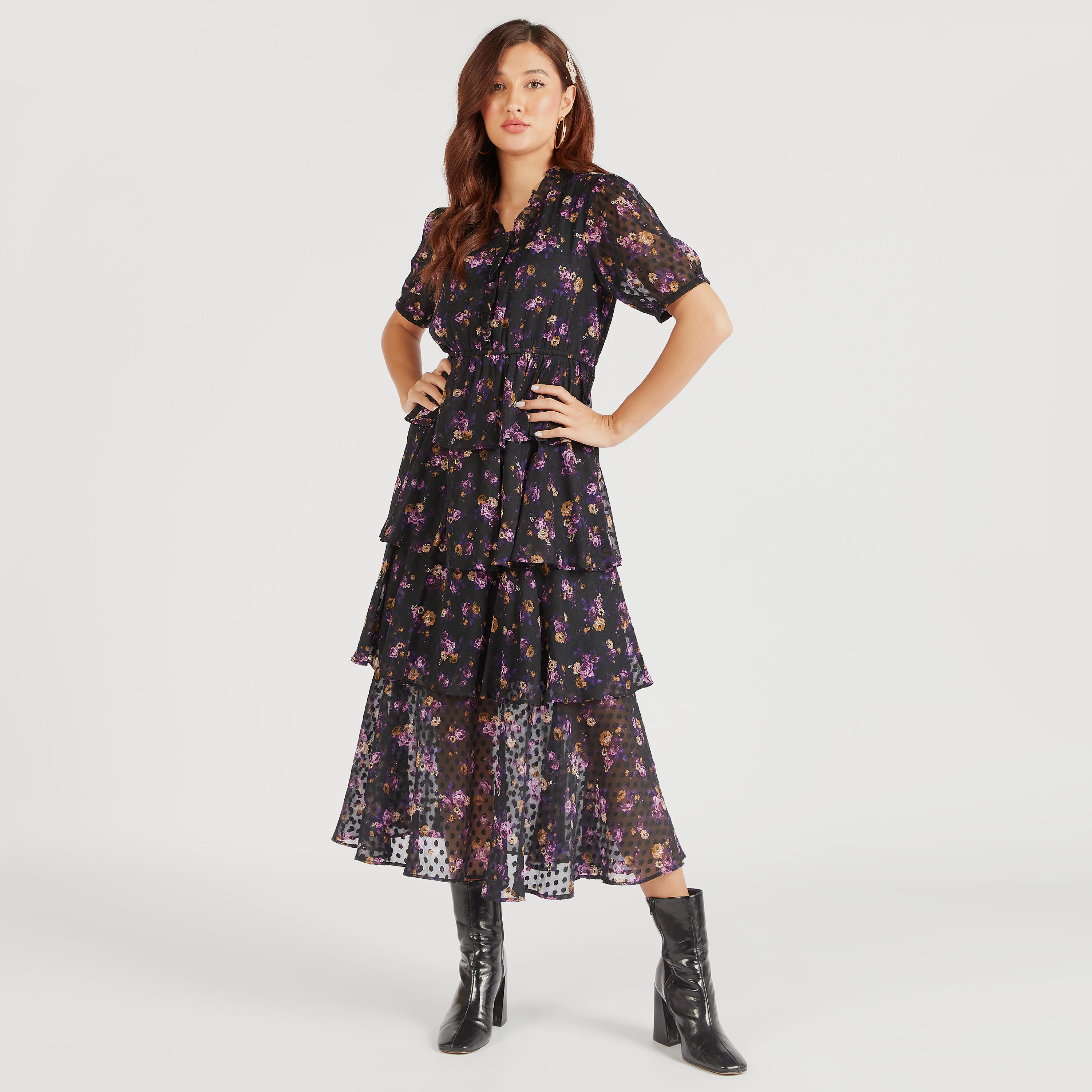 فستان إيه لاين ميدي متعدد الطبقات بطبعات أزهار ومنفوش-women-clothing-dresses-image-7