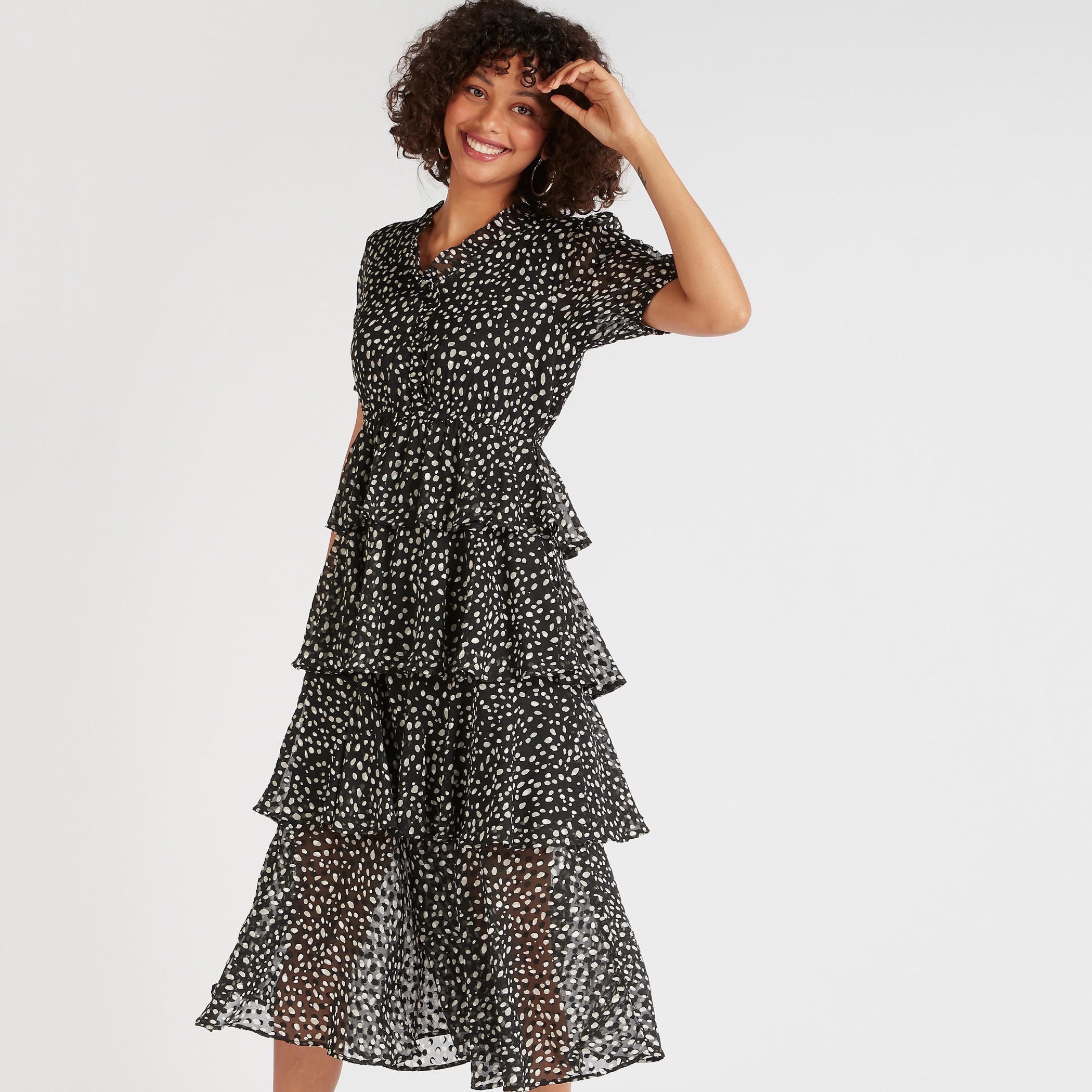 فستان ميدي إيه لاين بطبعات وياقة كشكش-women-clothing-dresses-image-2