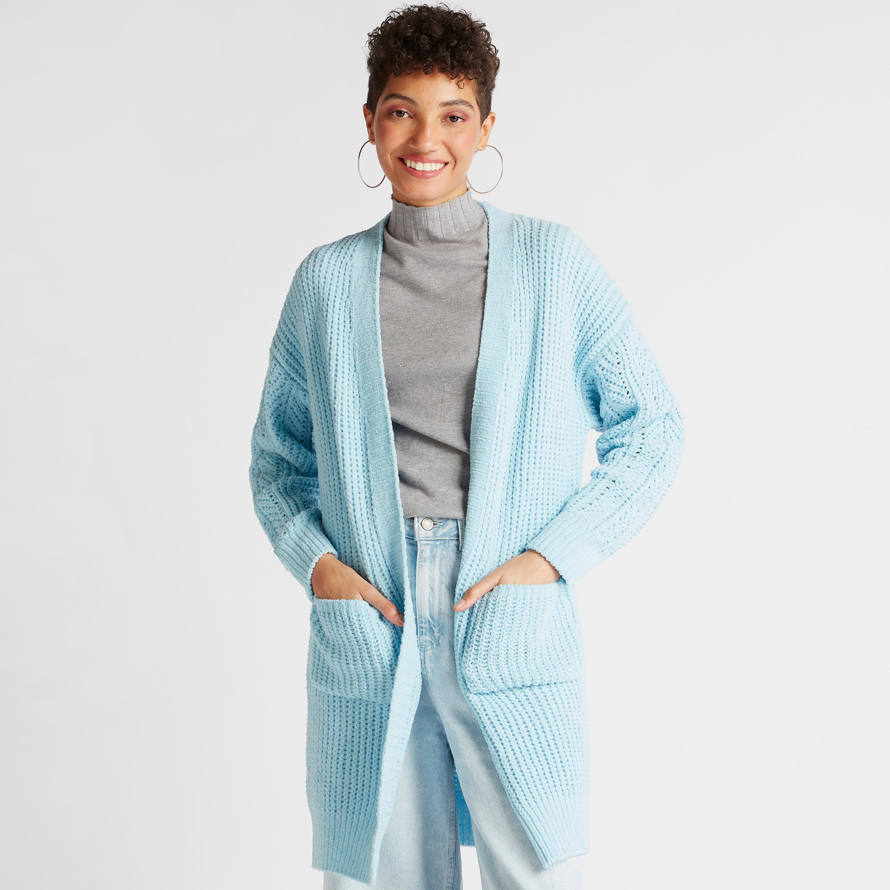 سترة طويلة بارز الملمس بأكمام طويلة وجيوب-women-winterwear-cardigansandjumpers-cardigans-image-1