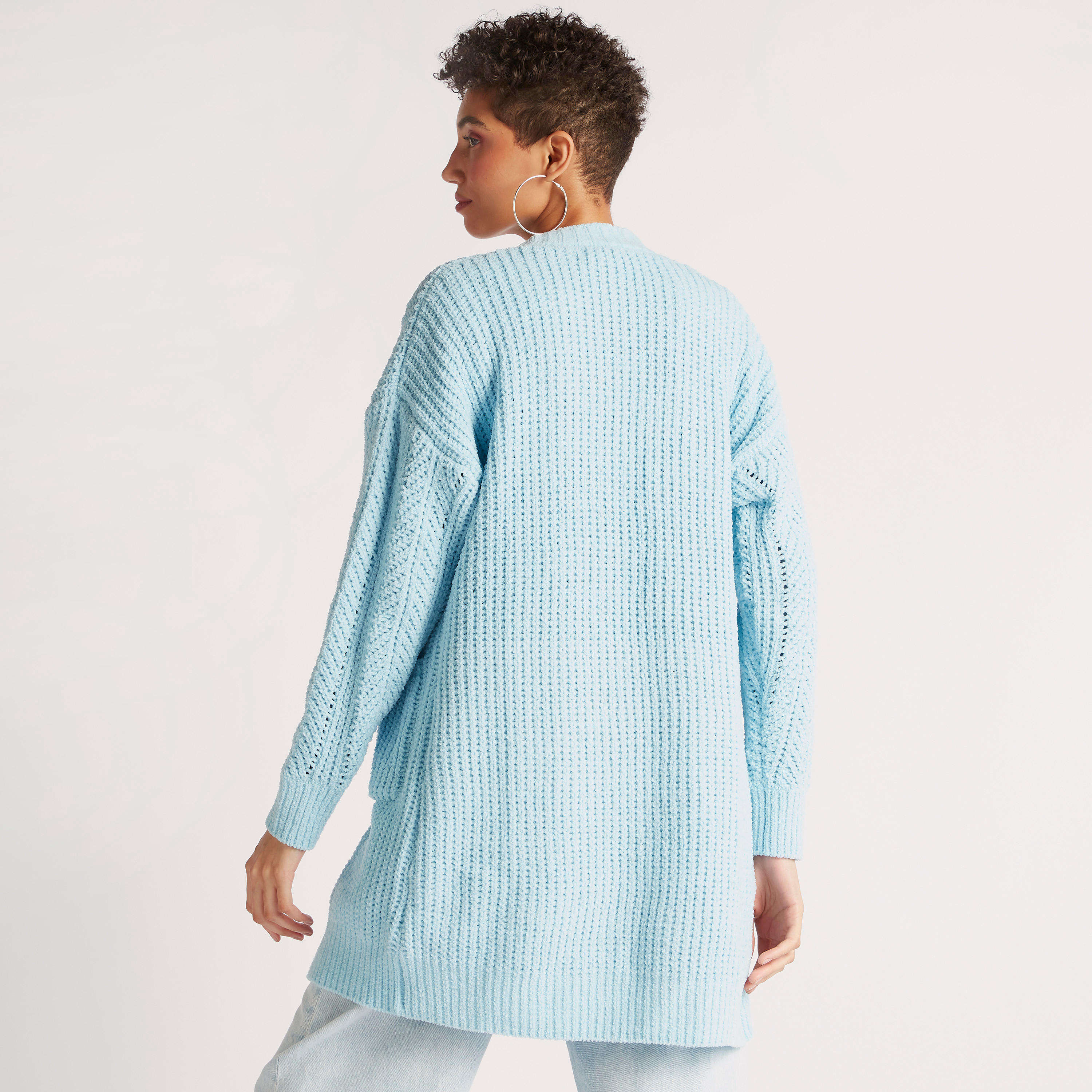 سترة طويلة بارز الملمس بأكمام طويلة وجيوب-women-winterwear-cardigansandjumpers-cardigans-image-4