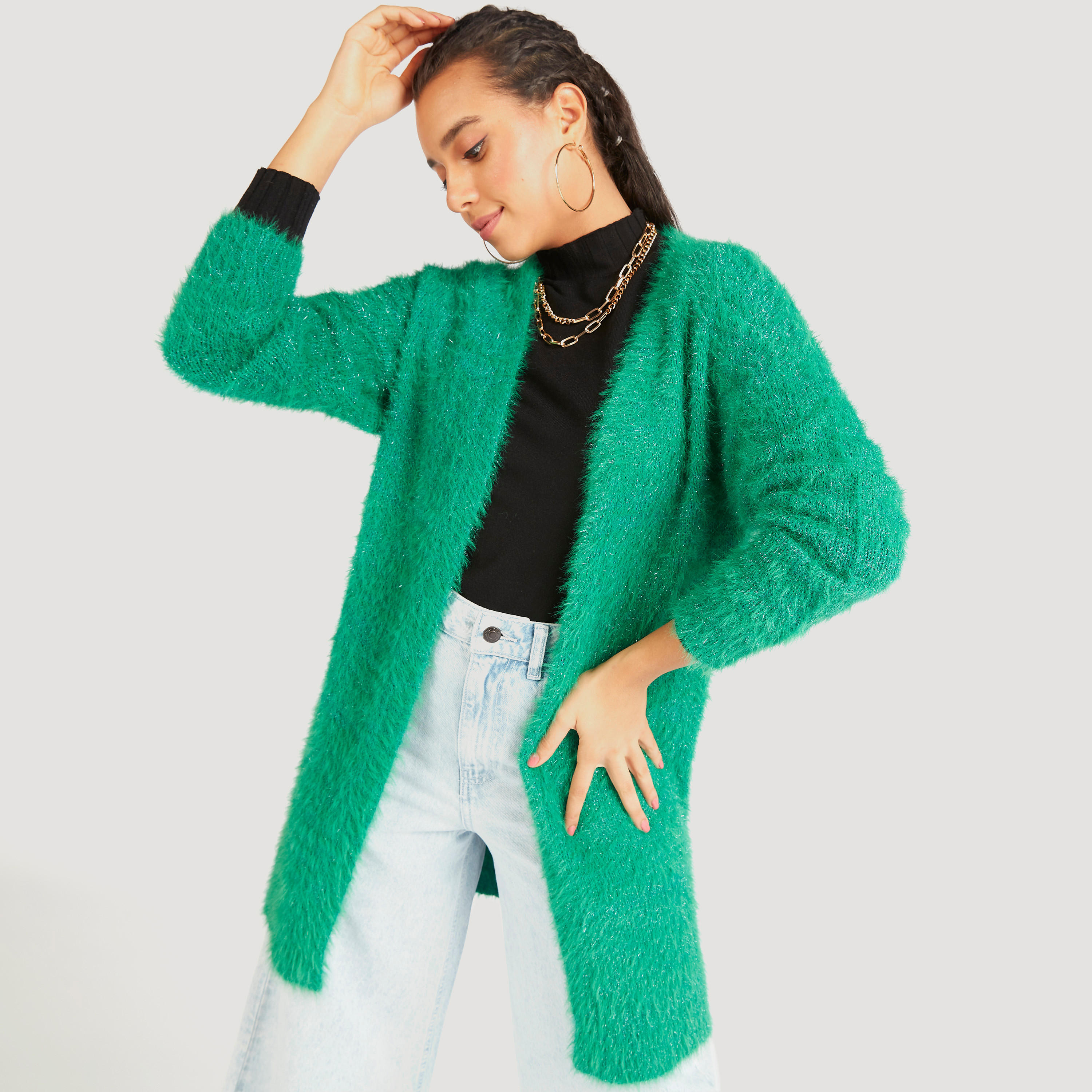 سترة بارزة الملمس بياقة منسدلة وأكمام طويلة-women-winterwear-cardigansandjumpers-cardigans-image-5