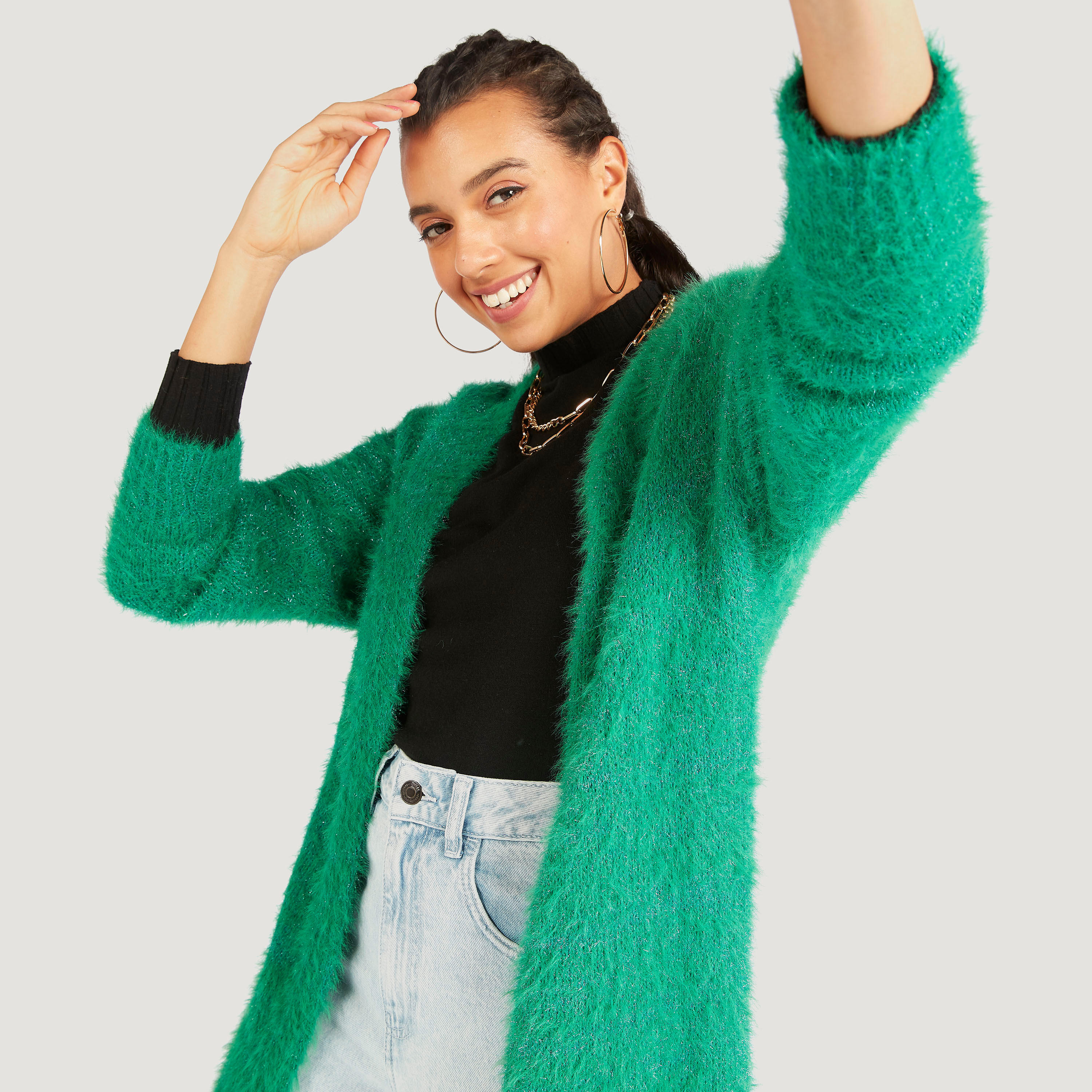 سترة بارزة الملمس بياقة منسدلة وأكمام طويلة-women-winterwear-cardigansandjumpers-cardigans-image-1