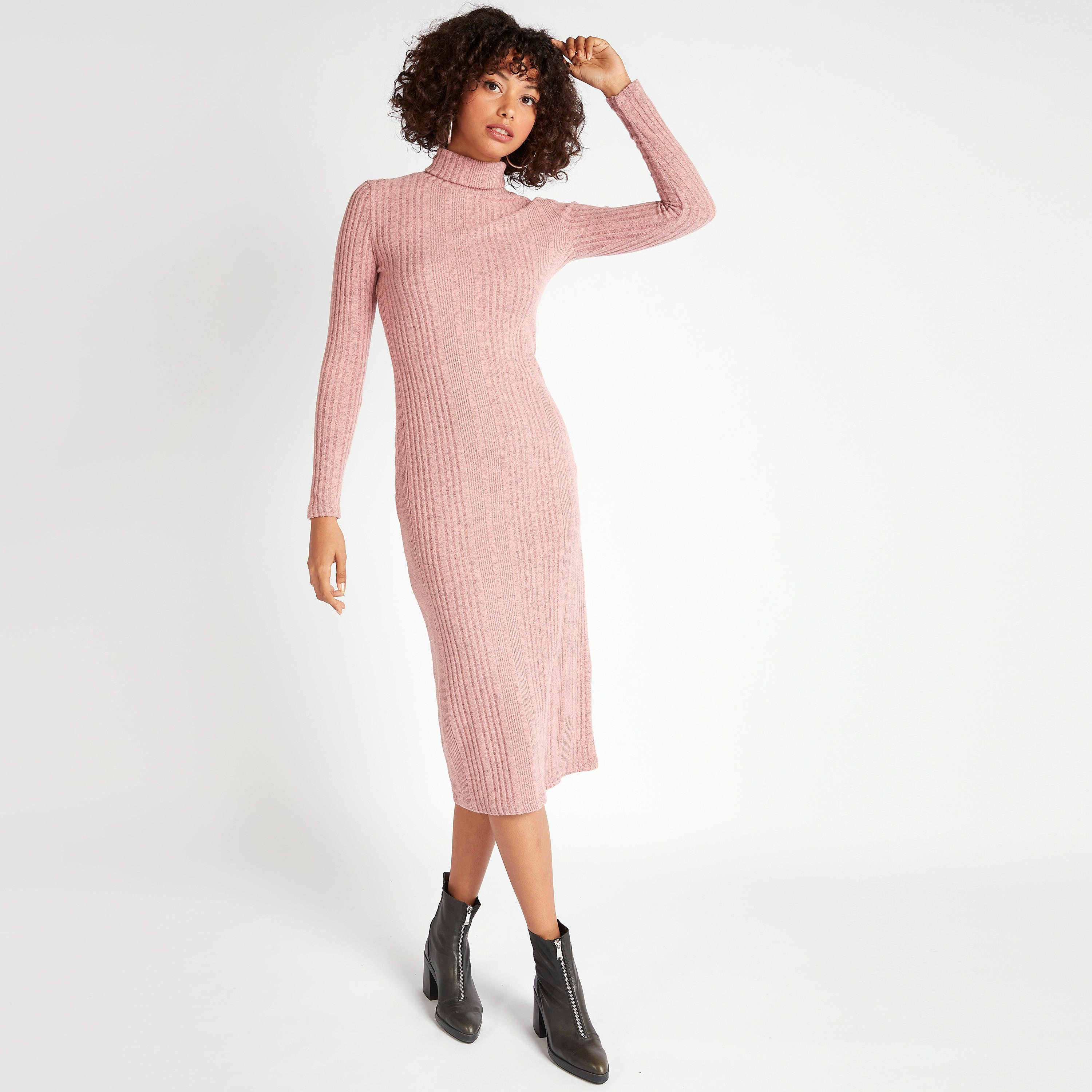 فستان ضيّق بارز الملمس بياقة عالية وأكمام طويلة-women-clothing-dresses-image-2