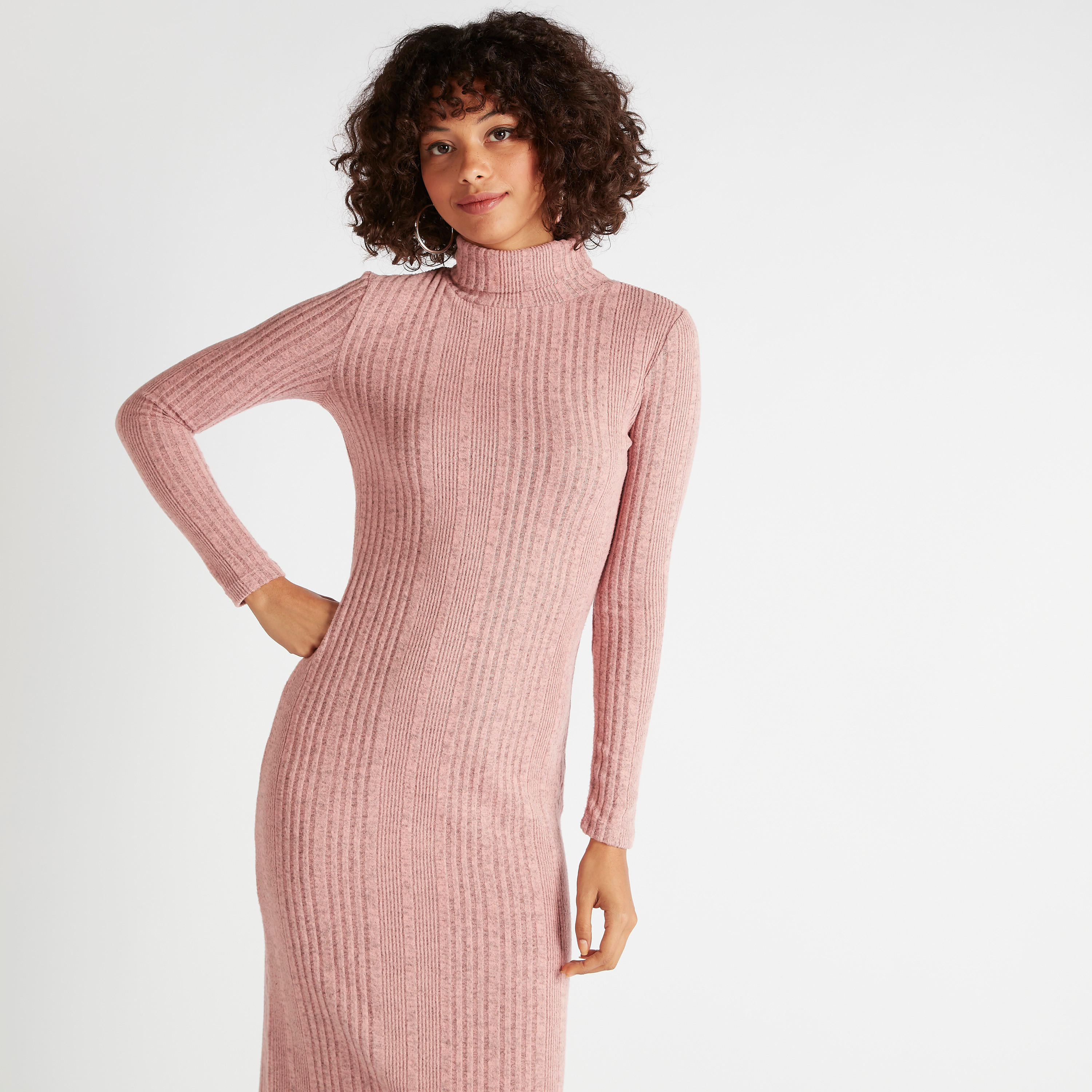 فستان ضيّق بارز الملمس بياقة عالية وأكمام طويلة-women-clothing-dresses-image-5