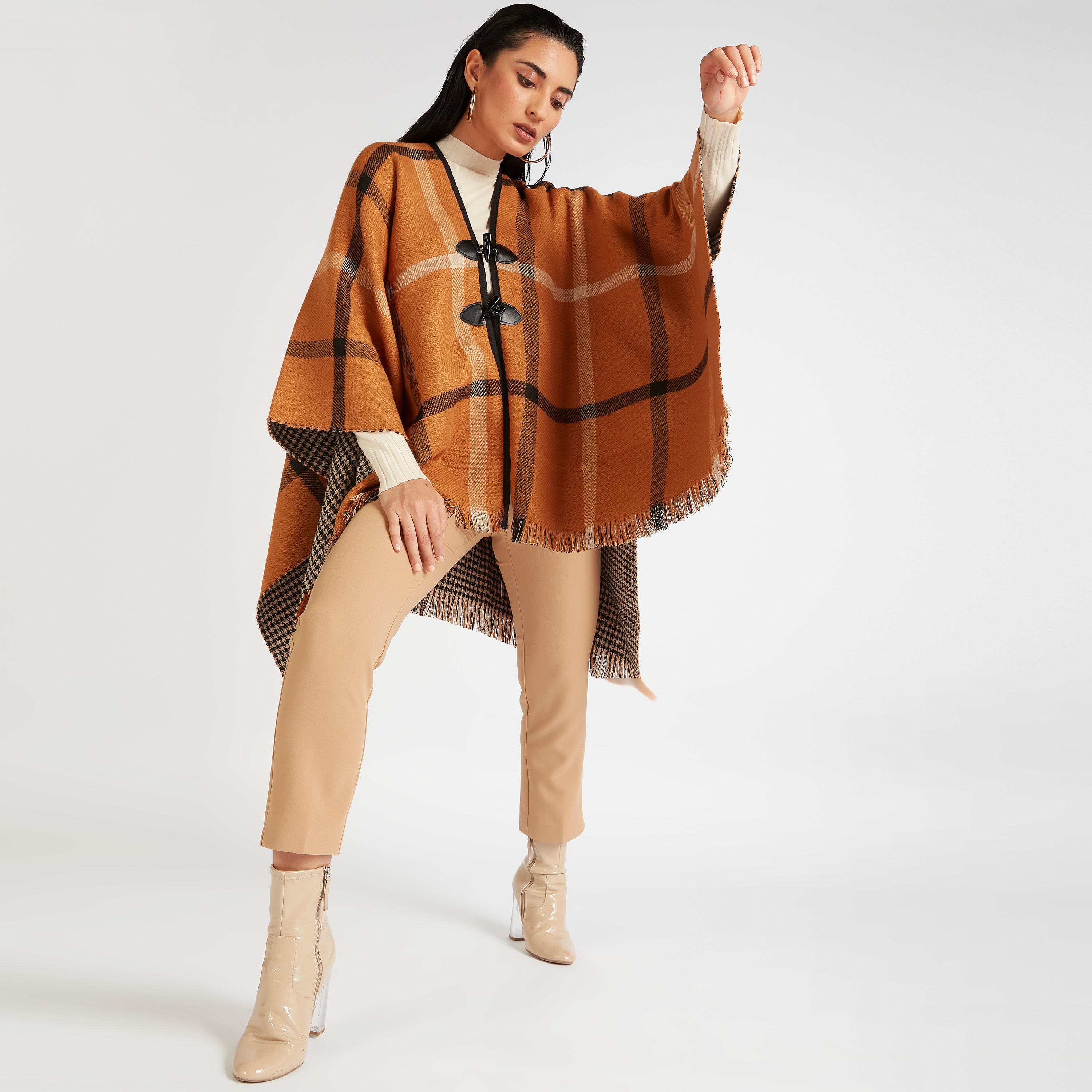 Reversible Checked Poncho Cape with Toggle Closure-women-winterwear-coatsandjackets-jackets-image-2
