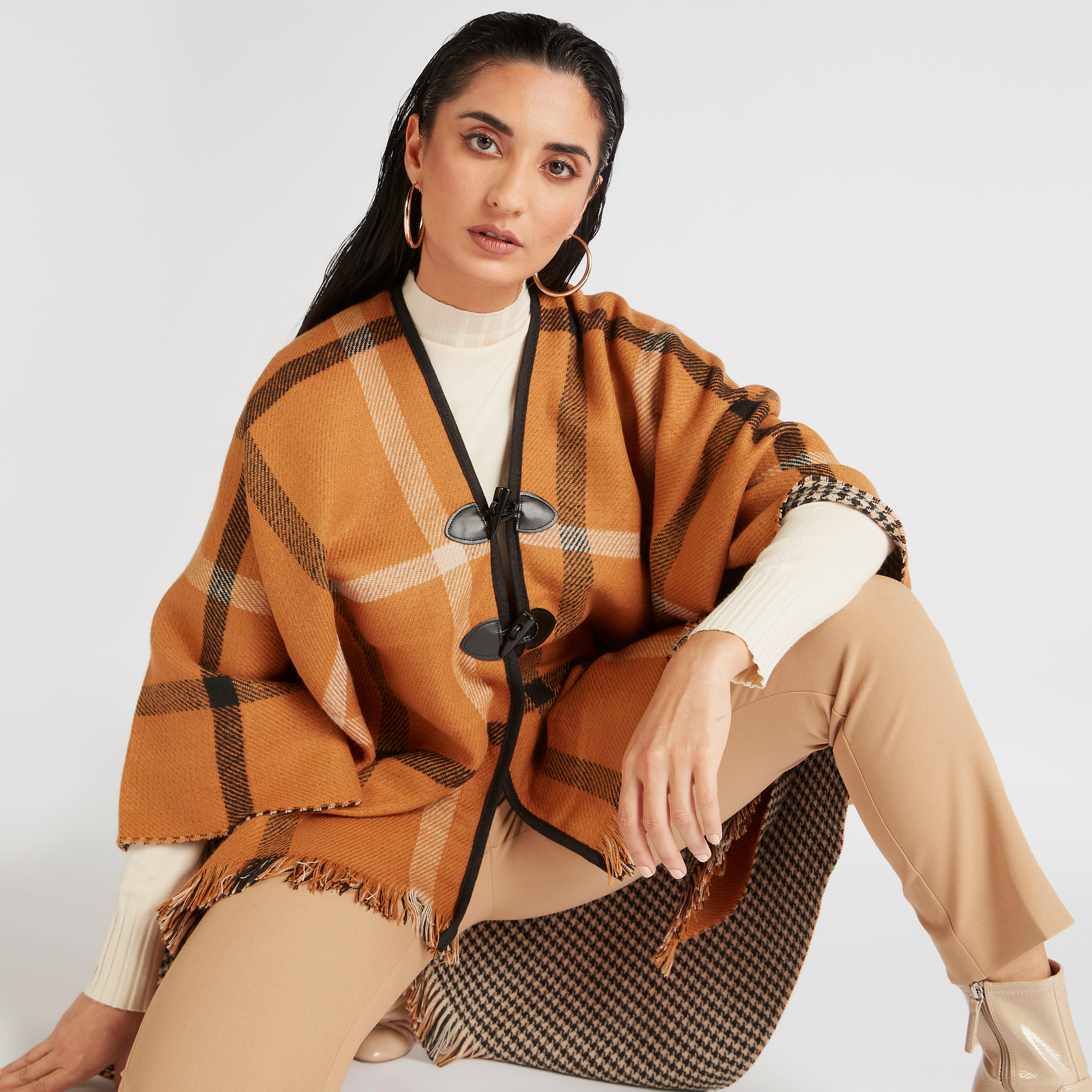 Reversible Checked Poncho Cape with Toggle Closure-women-winterwear-coatsandjackets-jackets-image-1