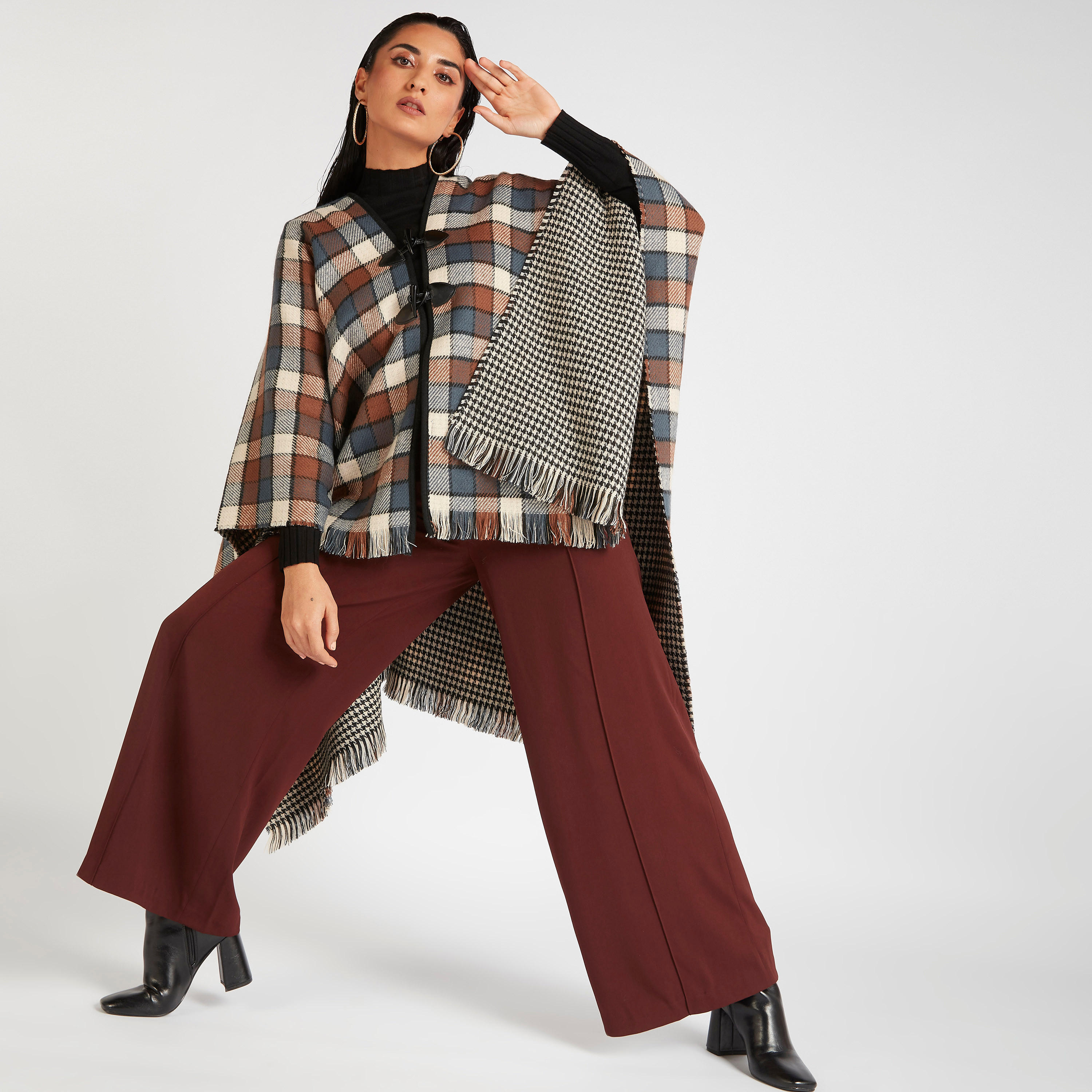 Checked Reversible Poncho with Toggle Button Closure-women-winterwear-coatsandjackets-jackets-image-1