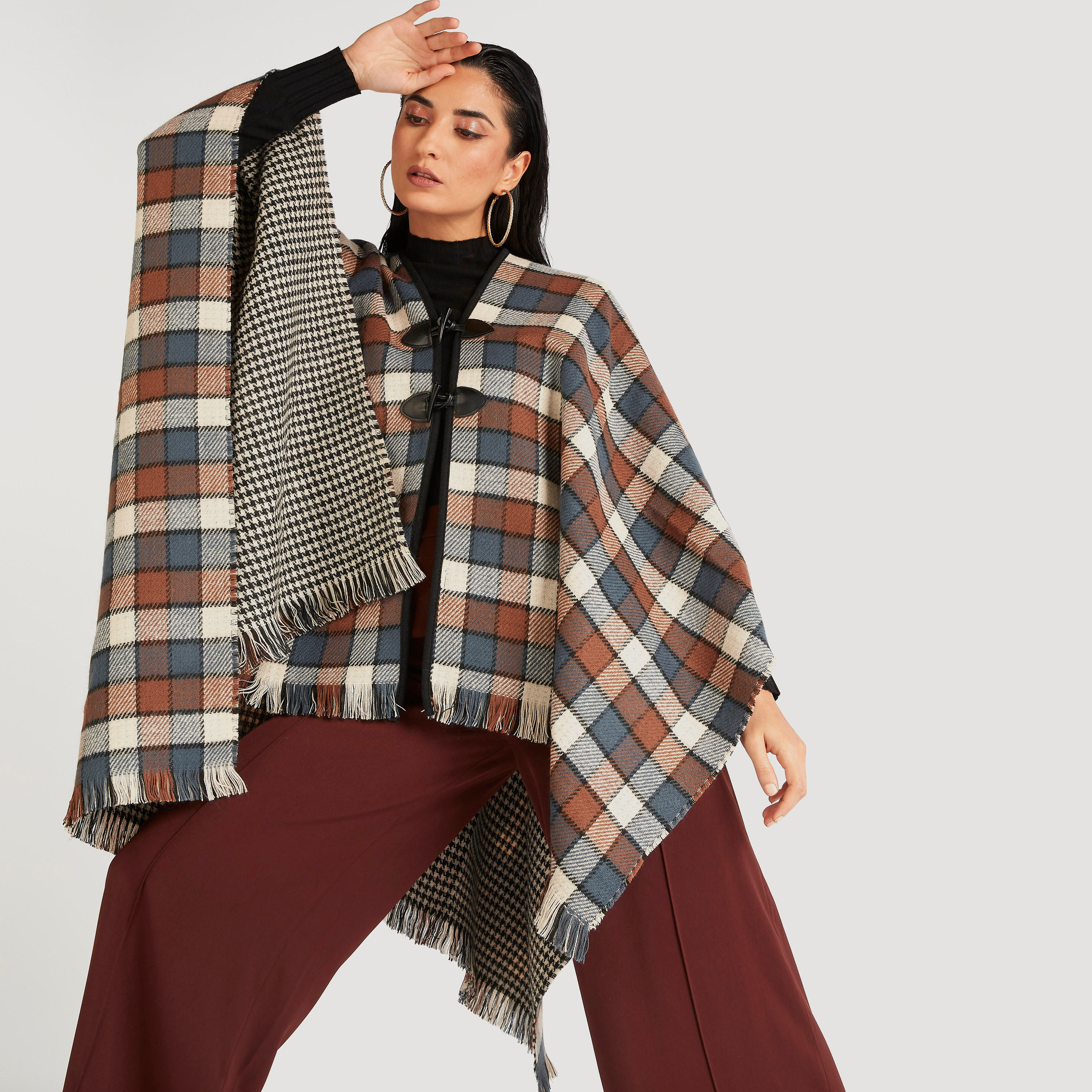 Checked Reversible Poncho with Toggle Button Closure-women-winterwear-coatsandjackets-jackets-image-2