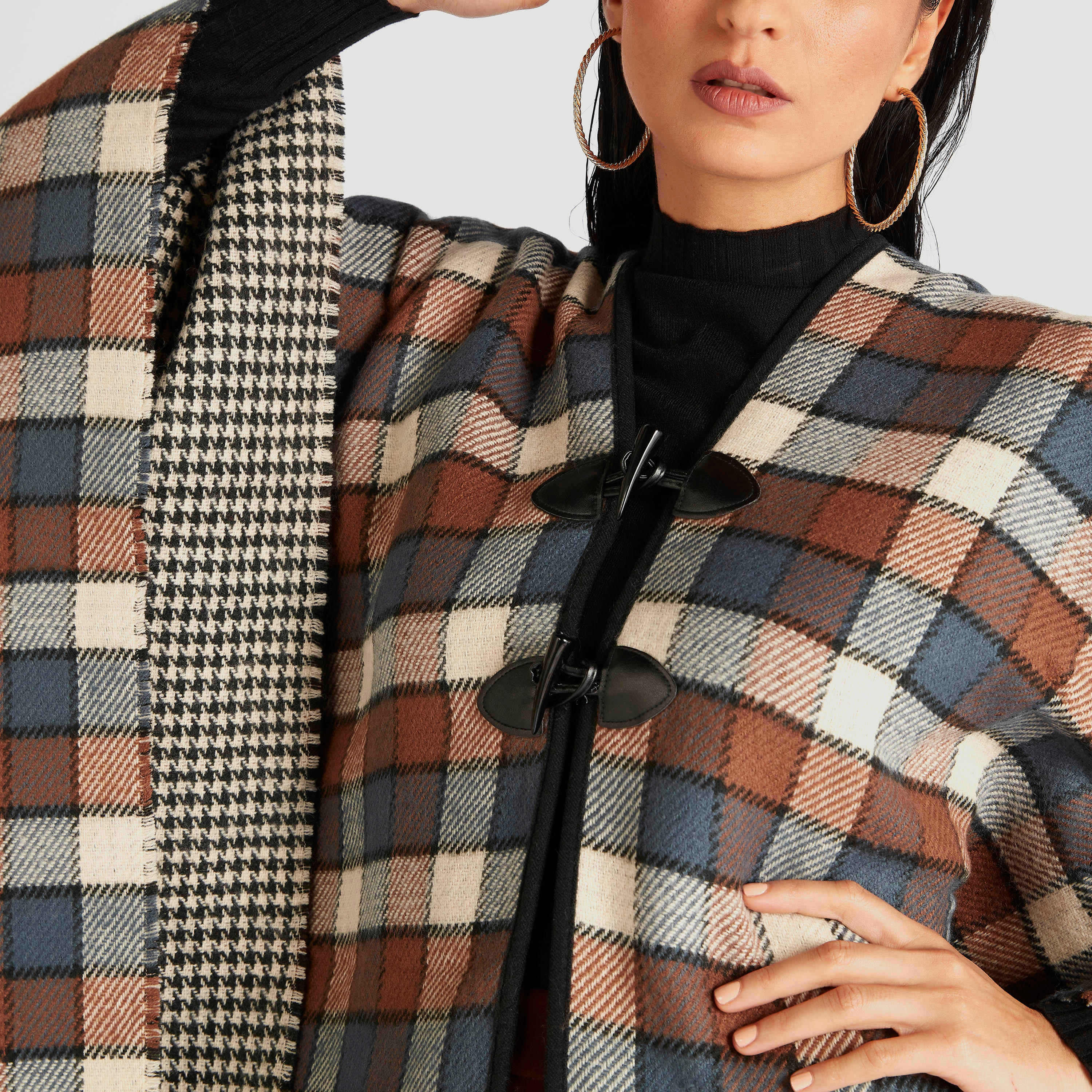 Checked Reversible Poncho with Toggle Button Closure-women-winterwear-coatsandjackets-jackets-image-3