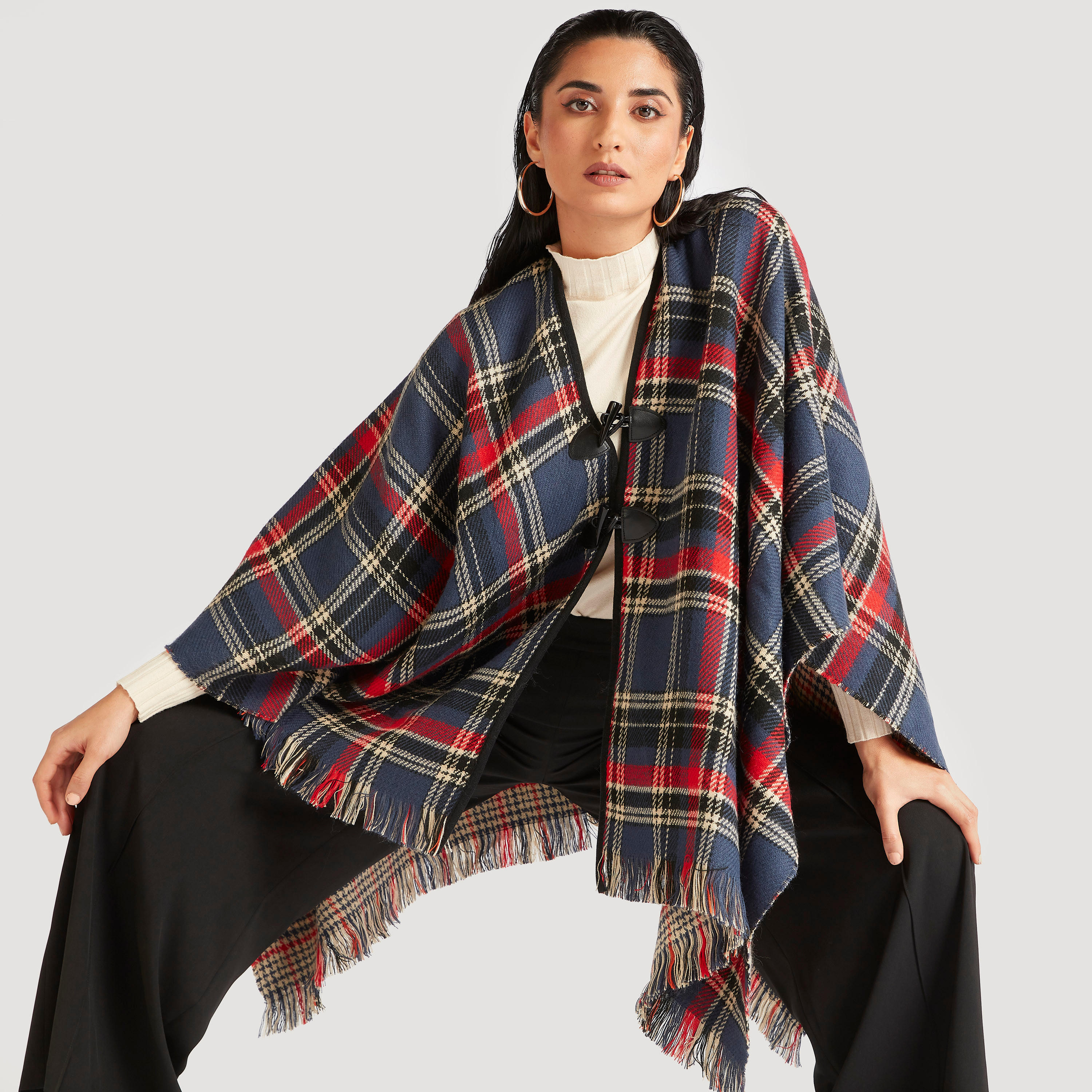 Checked Reversible Poncho with Toggle Button Closure-women-winterwear-coatsandjackets-jackets-image-1