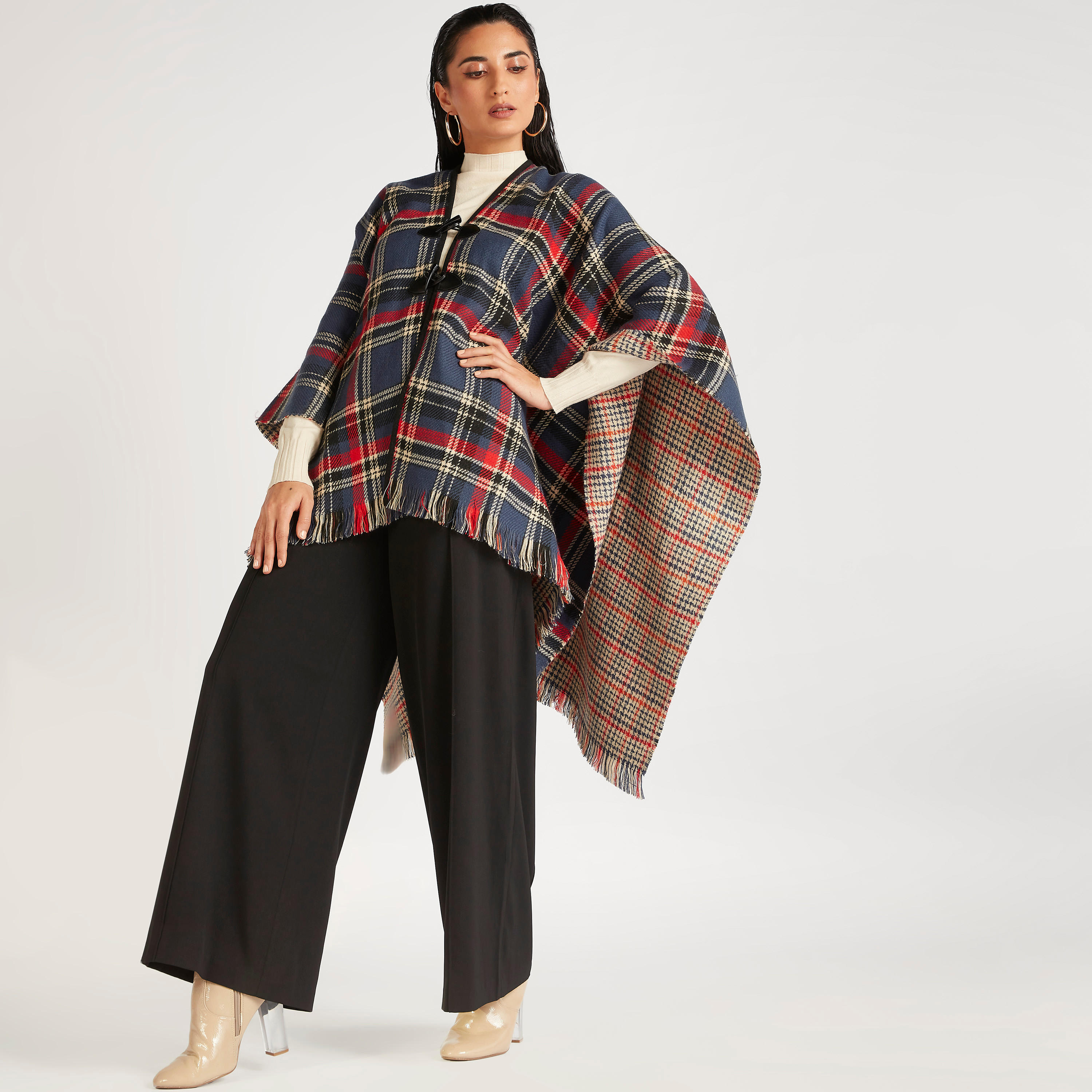 Checked Reversible Poncho with Toggle Button Closure-women-winterwear-coatsandjackets-jackets-image-2