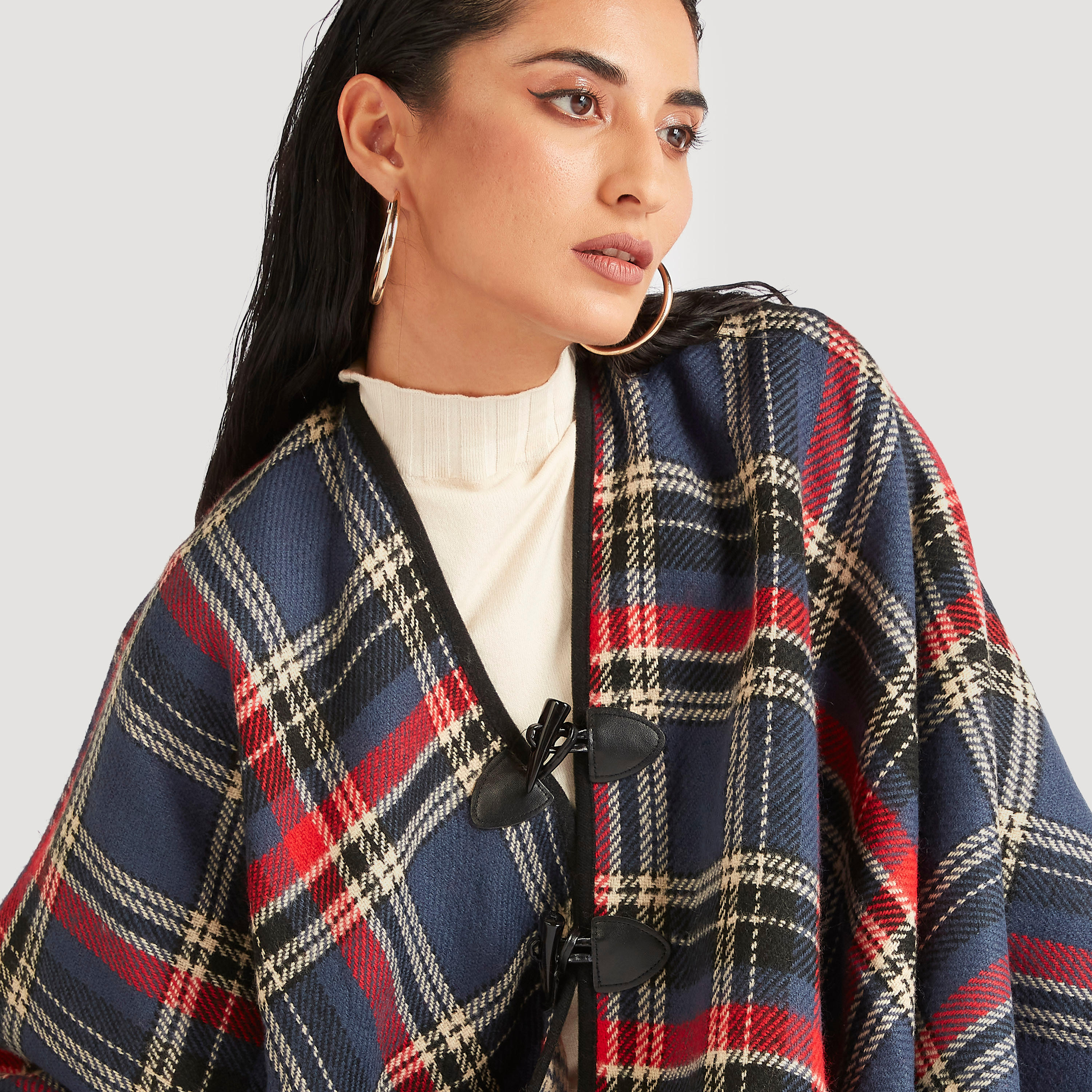 Checked Reversible Poncho with Toggle Button Closure-women-winterwear-coatsandjackets-jackets-image-4