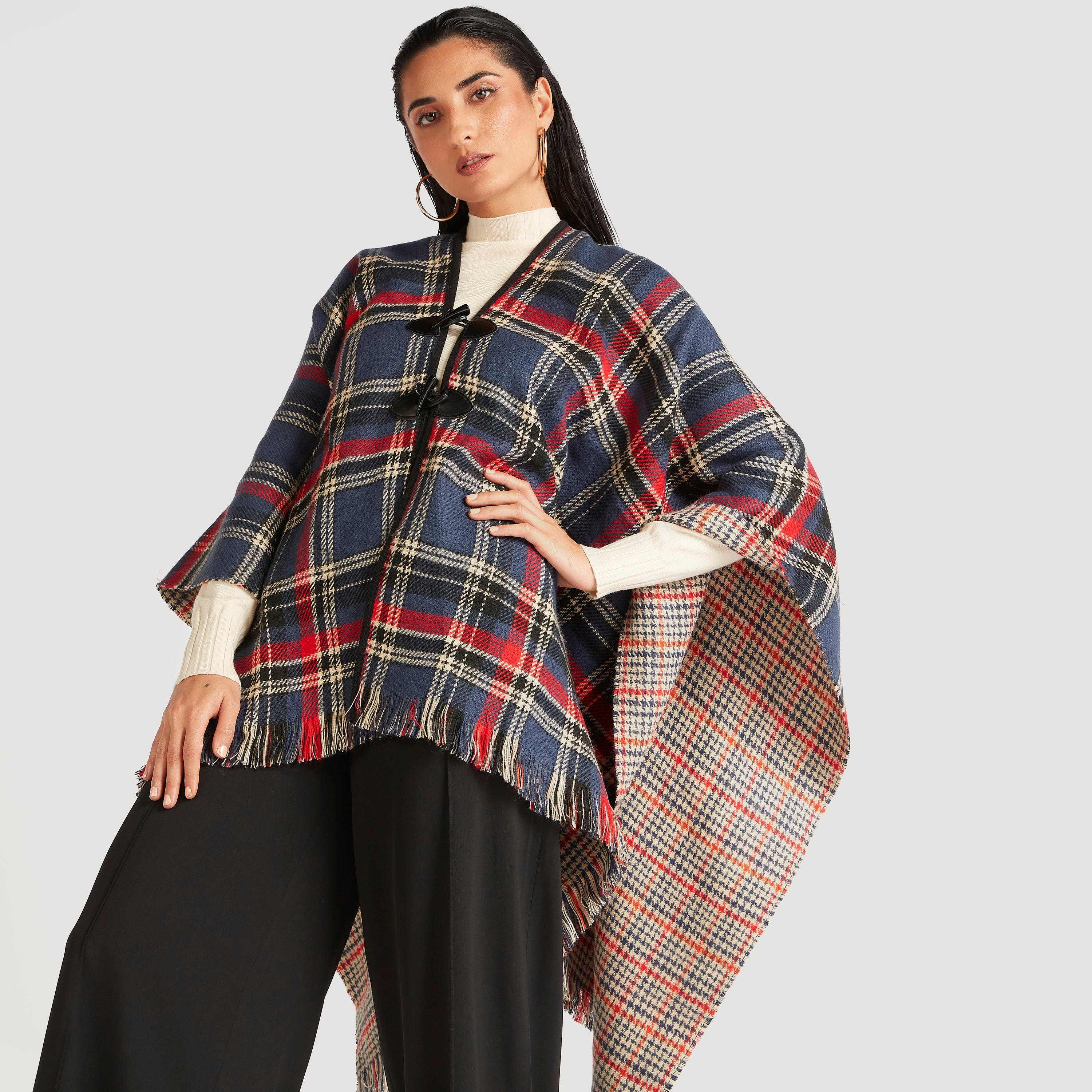 Checked Reversible Poncho with Toggle Button Closure-women-winterwear-coatsandjackets-jackets-image-5