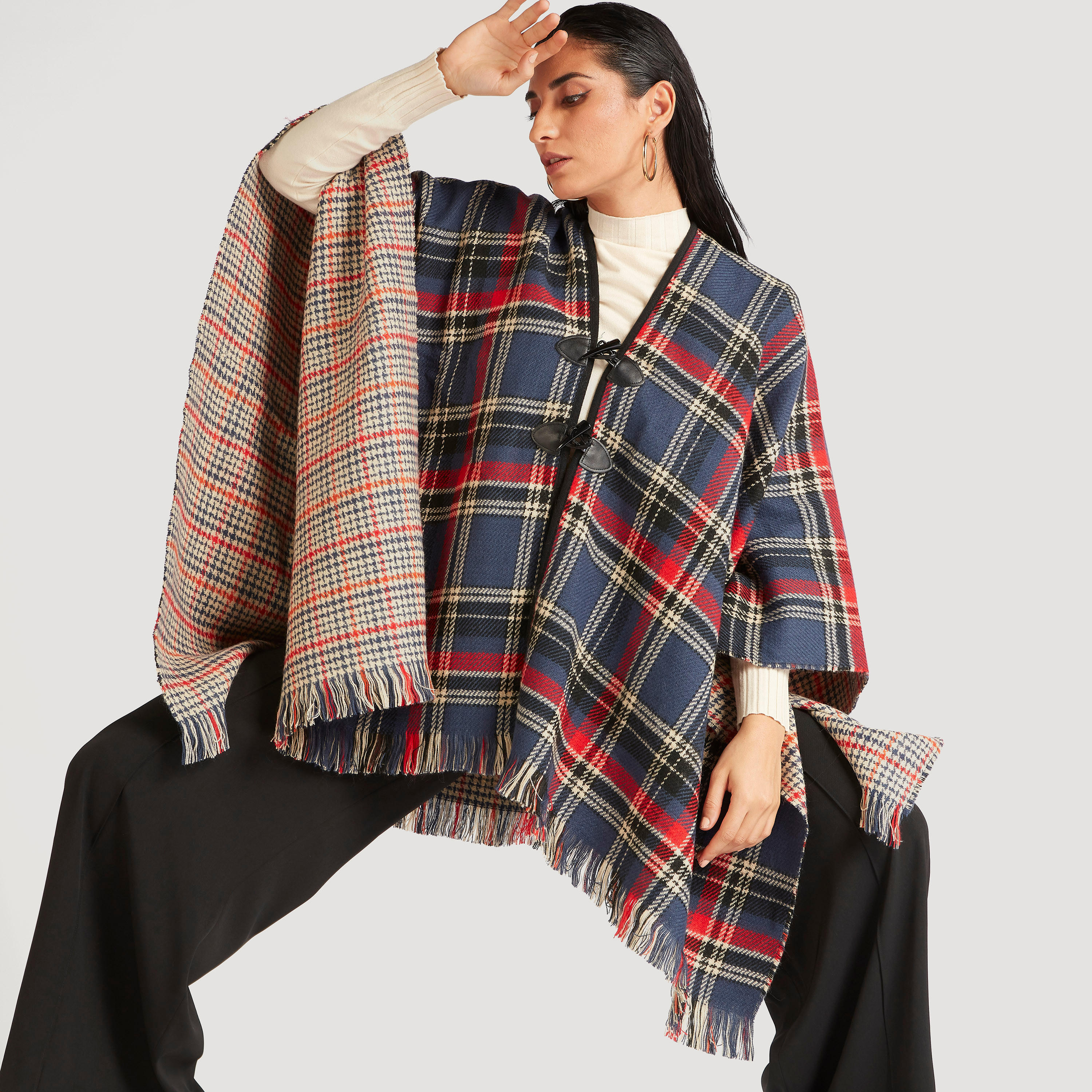 Checked Reversible Poncho with Toggle Button Closure-women-winterwear-coatsandjackets-jackets-image-7