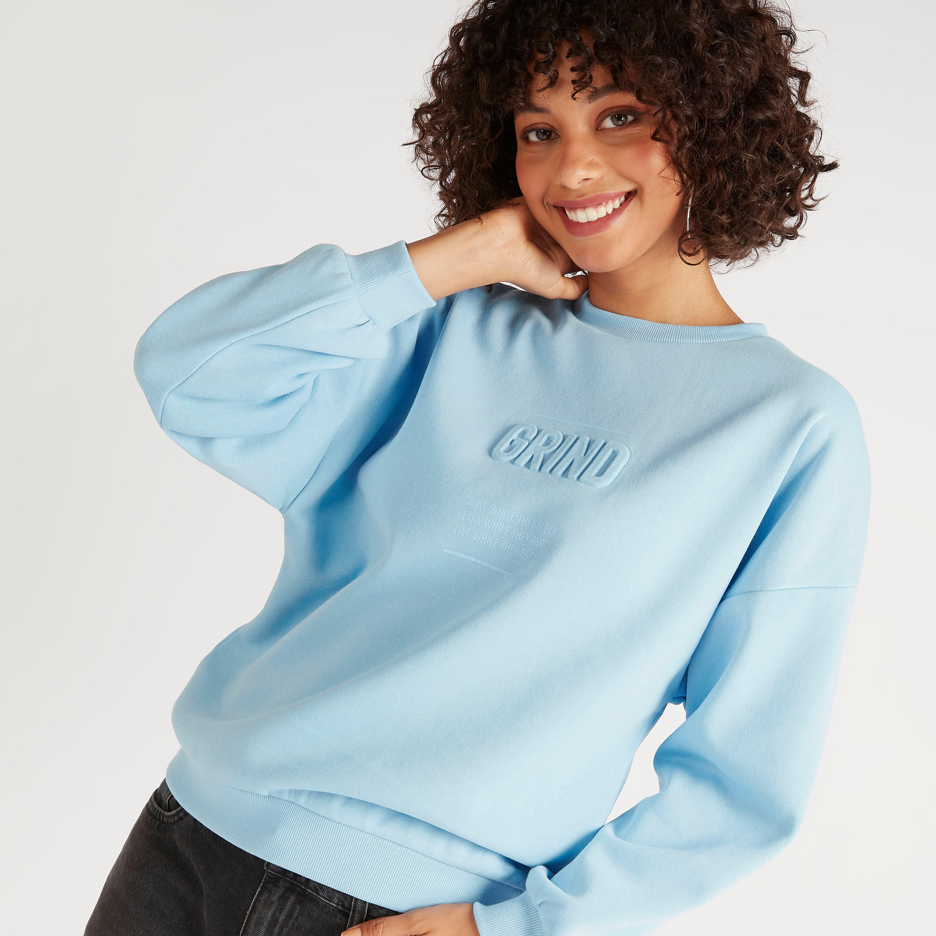 Embossed Crew Neck Sweatshirt with Long Sleeves-women-winterwear-hoodiesandsweatshirts-sweatshirts-image-1