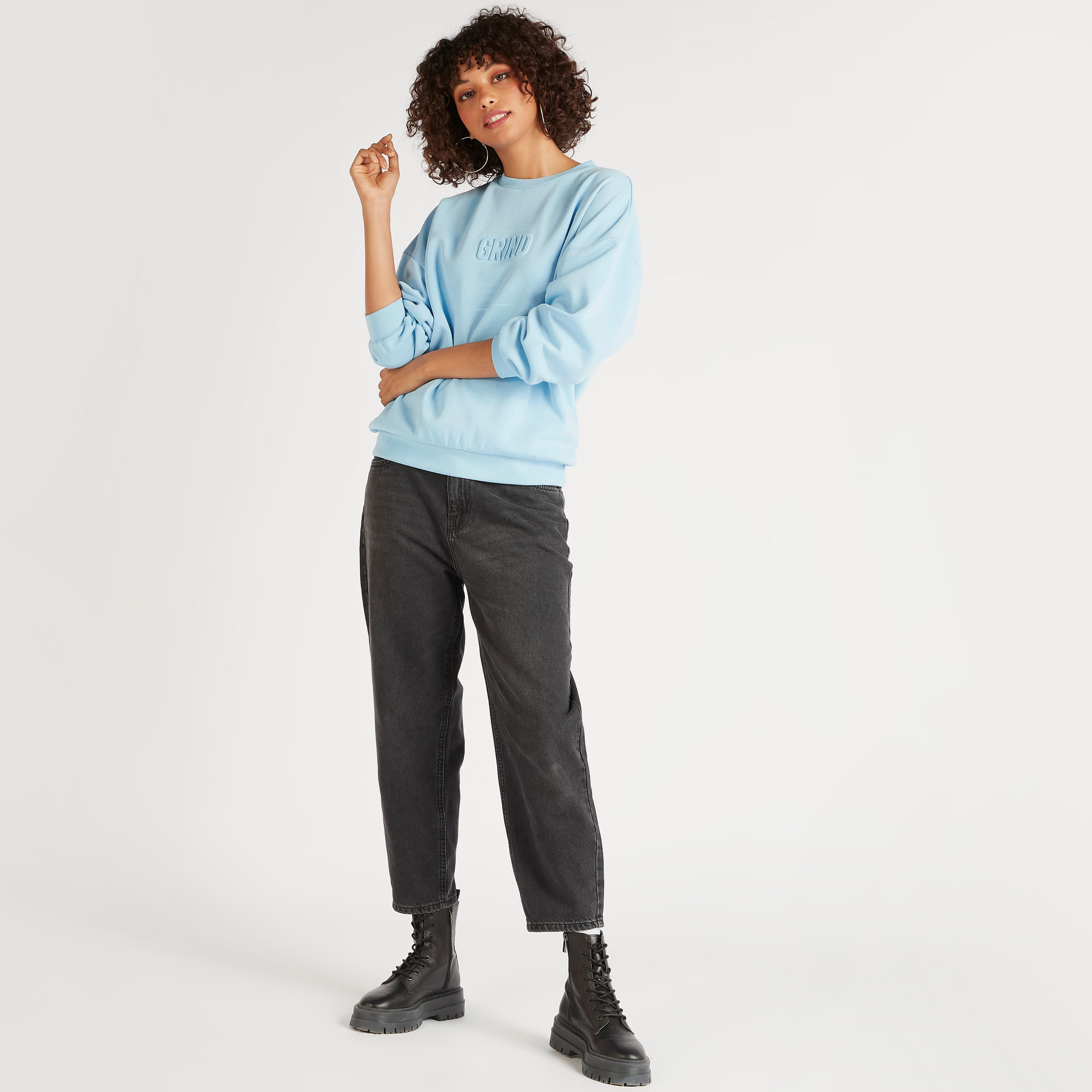 Embossed Crew Neck Sweatshirt with Long Sleeves-women-winterwear-hoodiesandsweatshirts-sweatshirts-image-2