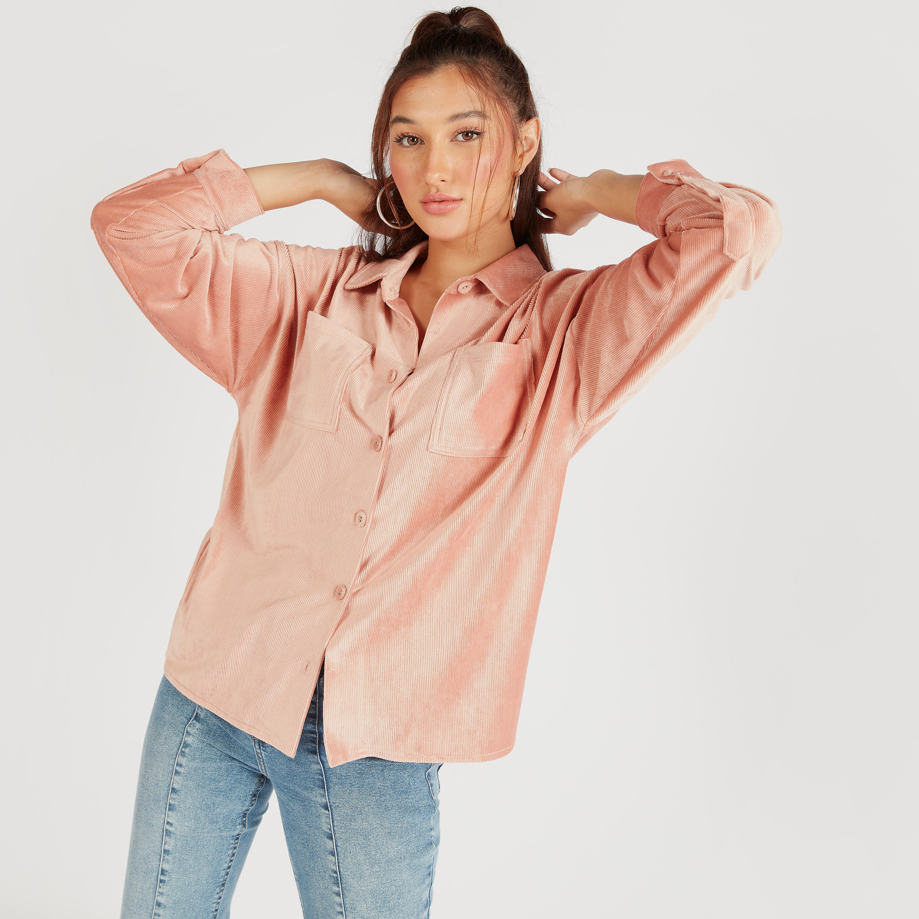 Textured Oversized Button Up Shirt with Long Sleeves and Patch Pockets-women-clothing-shirtsandblouses-shirts-image-1