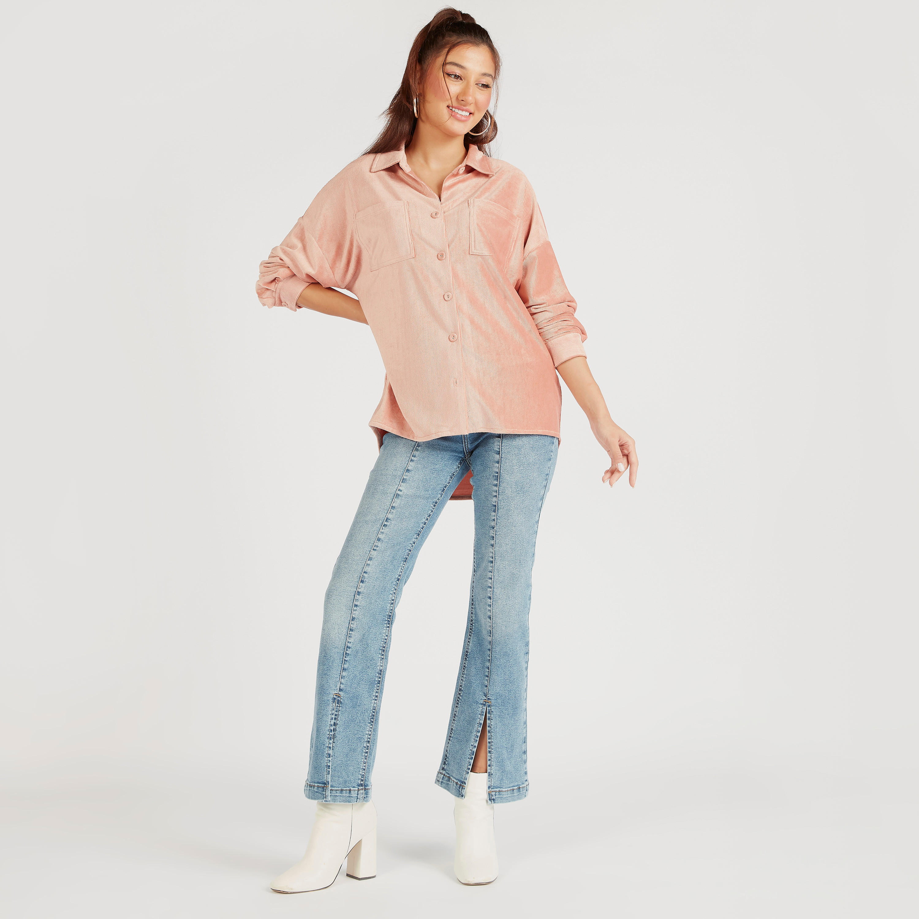 Textured Oversized Button Up Shirt with Long Sleeves and Patch Pockets-women-clothing-shirtsandblouses-shirts-image-2