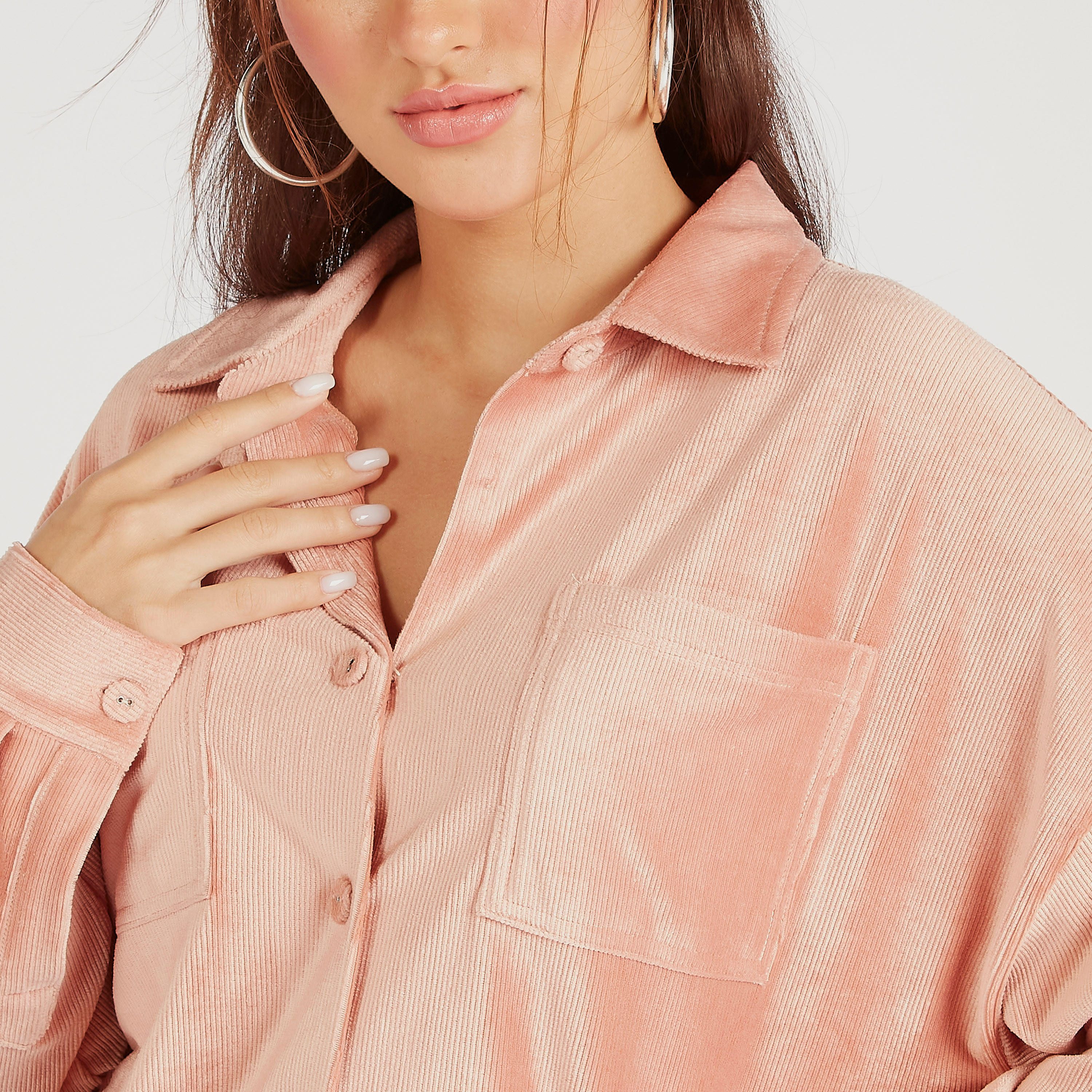 Textured Oversized Button Up Shirt with Long Sleeves and Patch Pockets-women-clothing-shirtsandblouses-shirts-image-3
