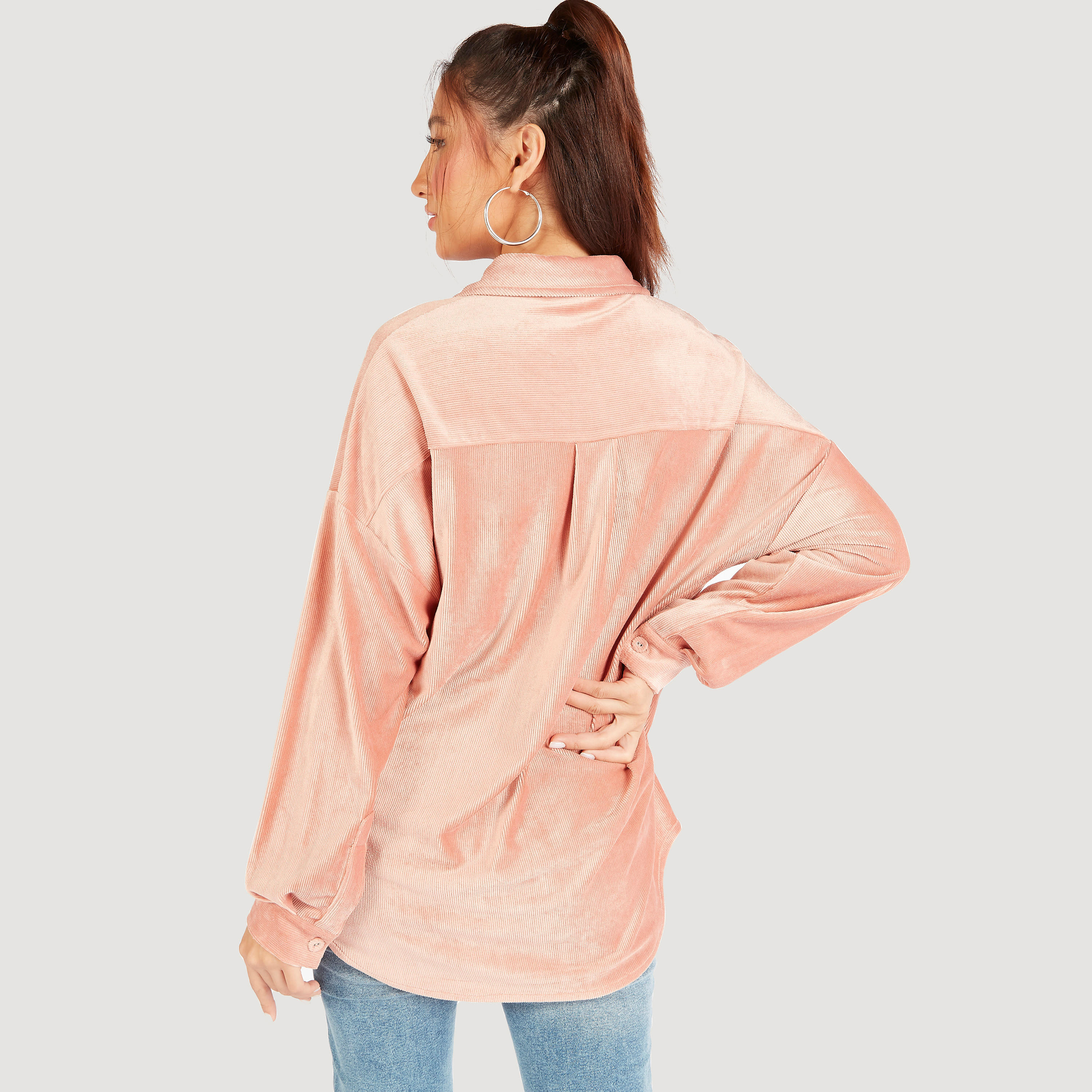 Textured Oversized Button Up Shirt with Long Sleeves and Patch Pockets-women-clothing-shirtsandblouses-shirts-image-4